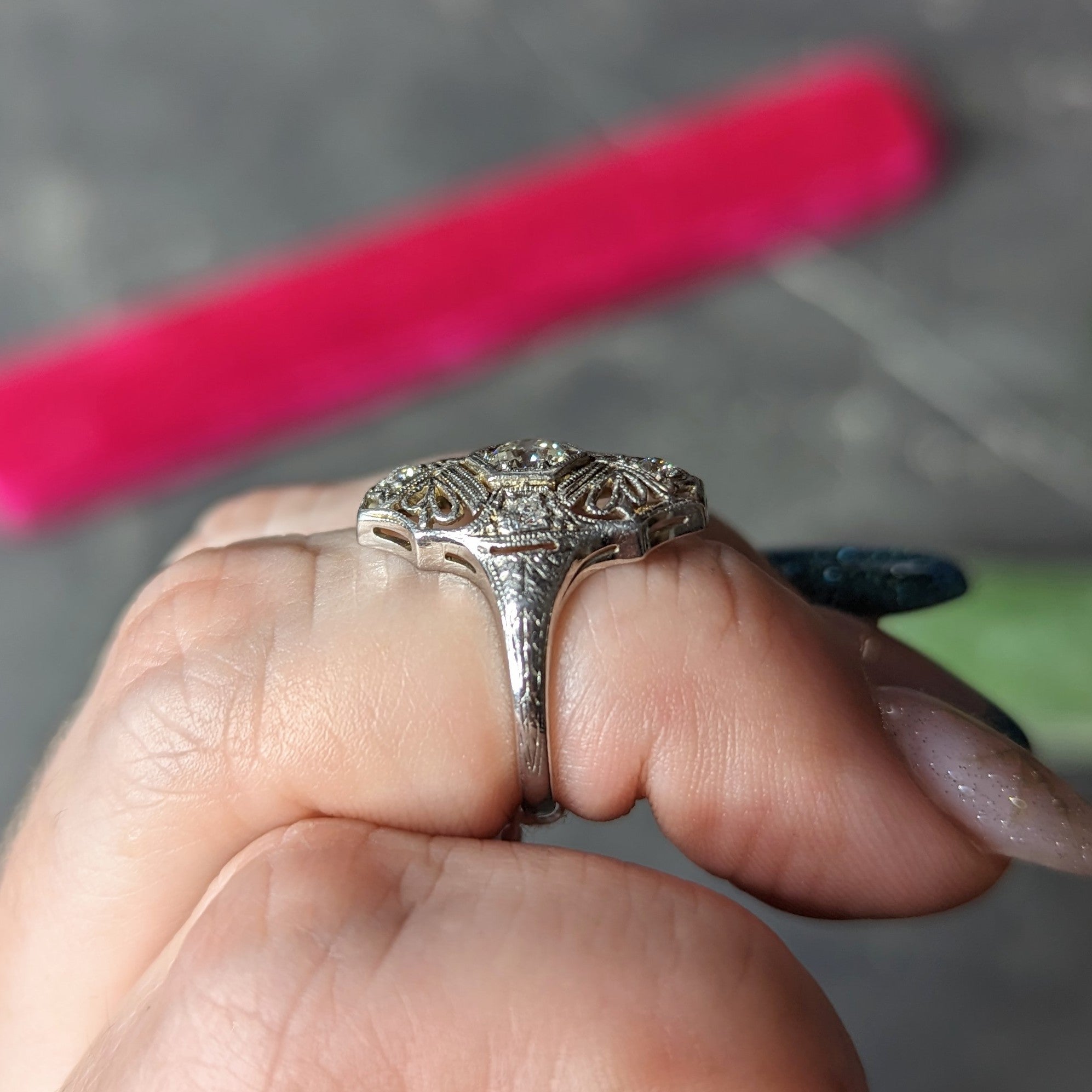 1950's Mid-Century Old European Cut Diamond 18 Karat White Gold Filigree Vintage Dinner Ring Wilson's Estate Jewelry