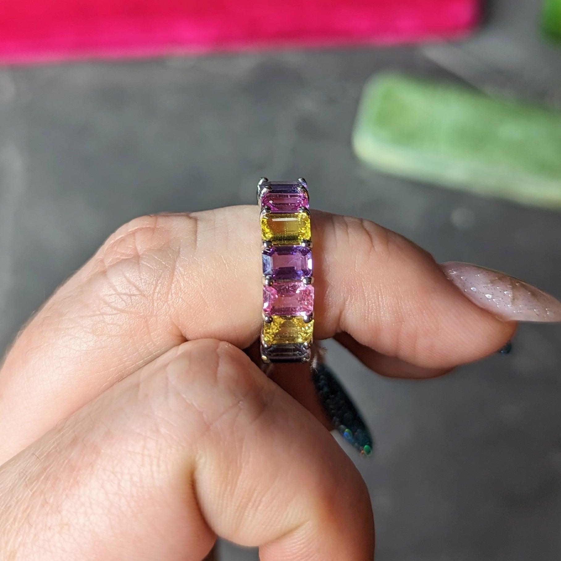 12.16 CTW Multi-Color Pink Purple Blue Emerald Cut Sapphire 18 Karat White Gold Pastel Eternity Band Ring Wilson's Estate Jewelry