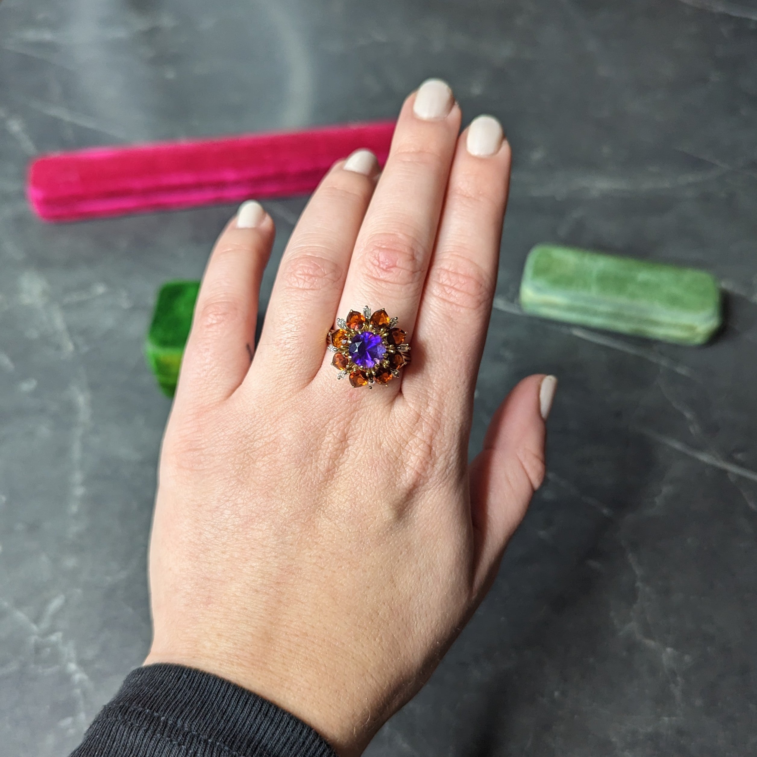 H. Stern Modernist 6.10 CTW Amethyst Citrine Diamond 18 Karat Gold Tiered Vintage Cluster Ring Wilson's Estate Jewelry