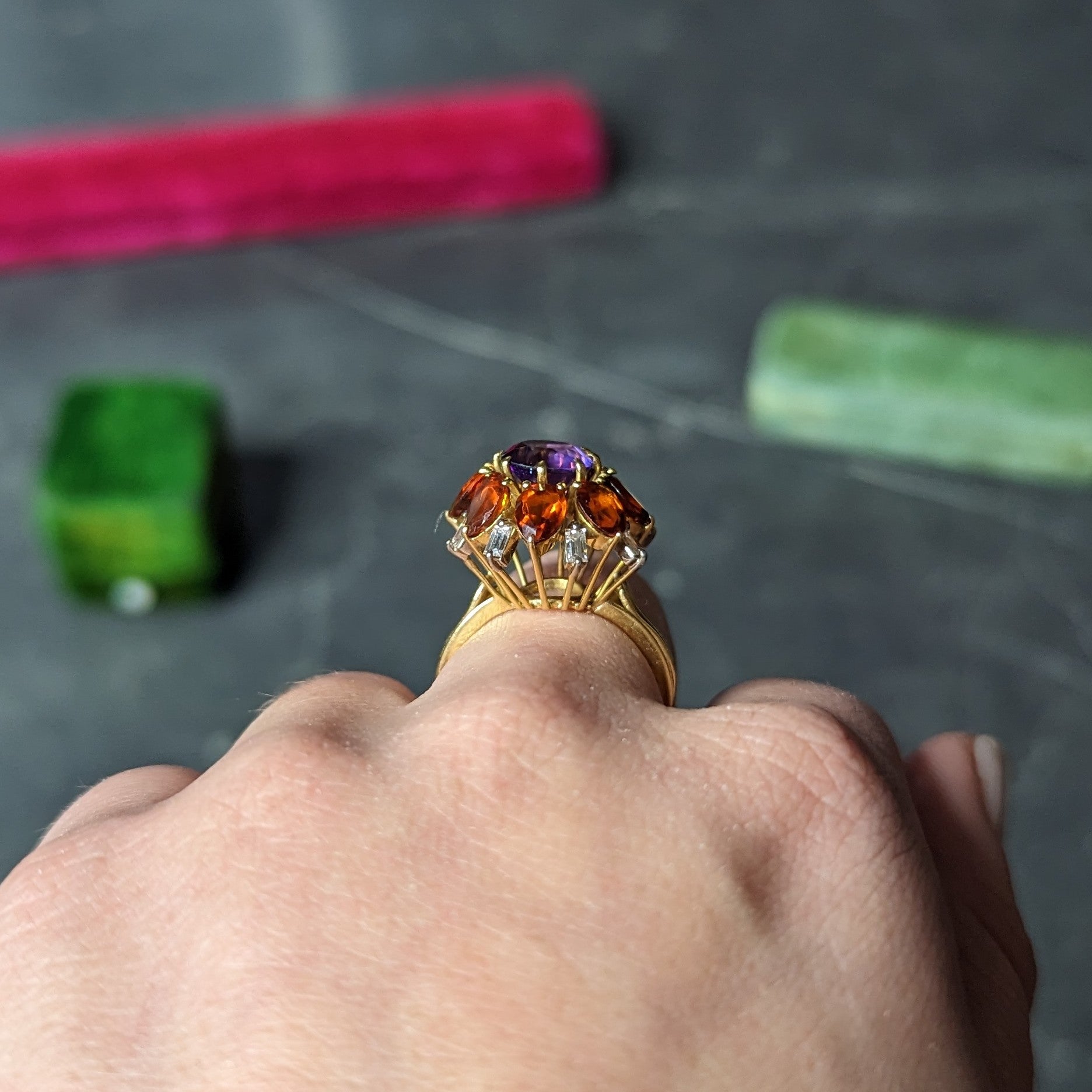 H. Stern Modernist 6.10 CTW Amethyst Citrine Diamond 18 Karat Gold Tiered Vintage Cluster Ring Wilson's Estate Jewelry