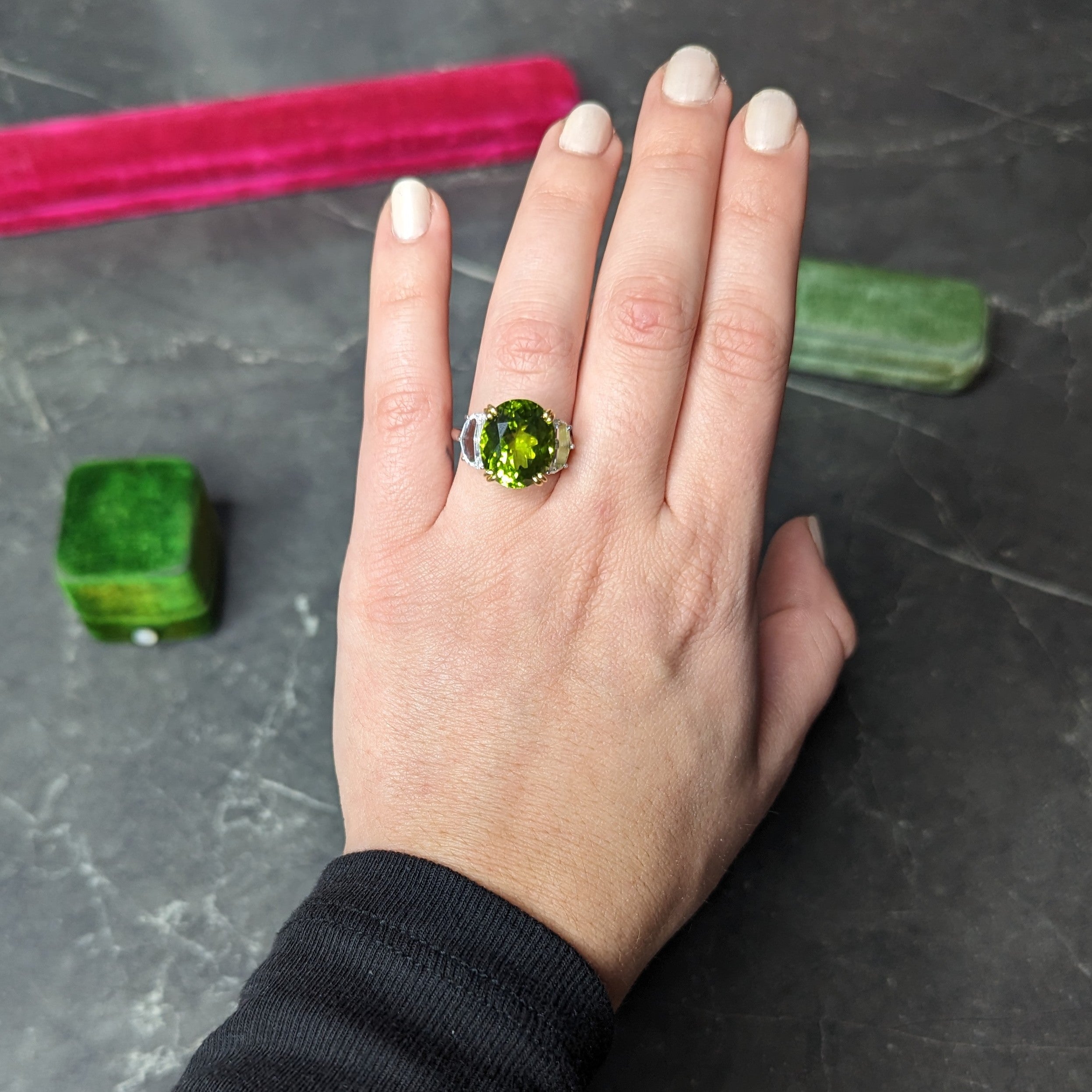 Contemporary 10.51 CTW Oval Cut Peridot Half Moon Step-Cut Diamond Platinum 18 Karat Yellow Gold Three Stone Ring Wilson's Estate Jewelry