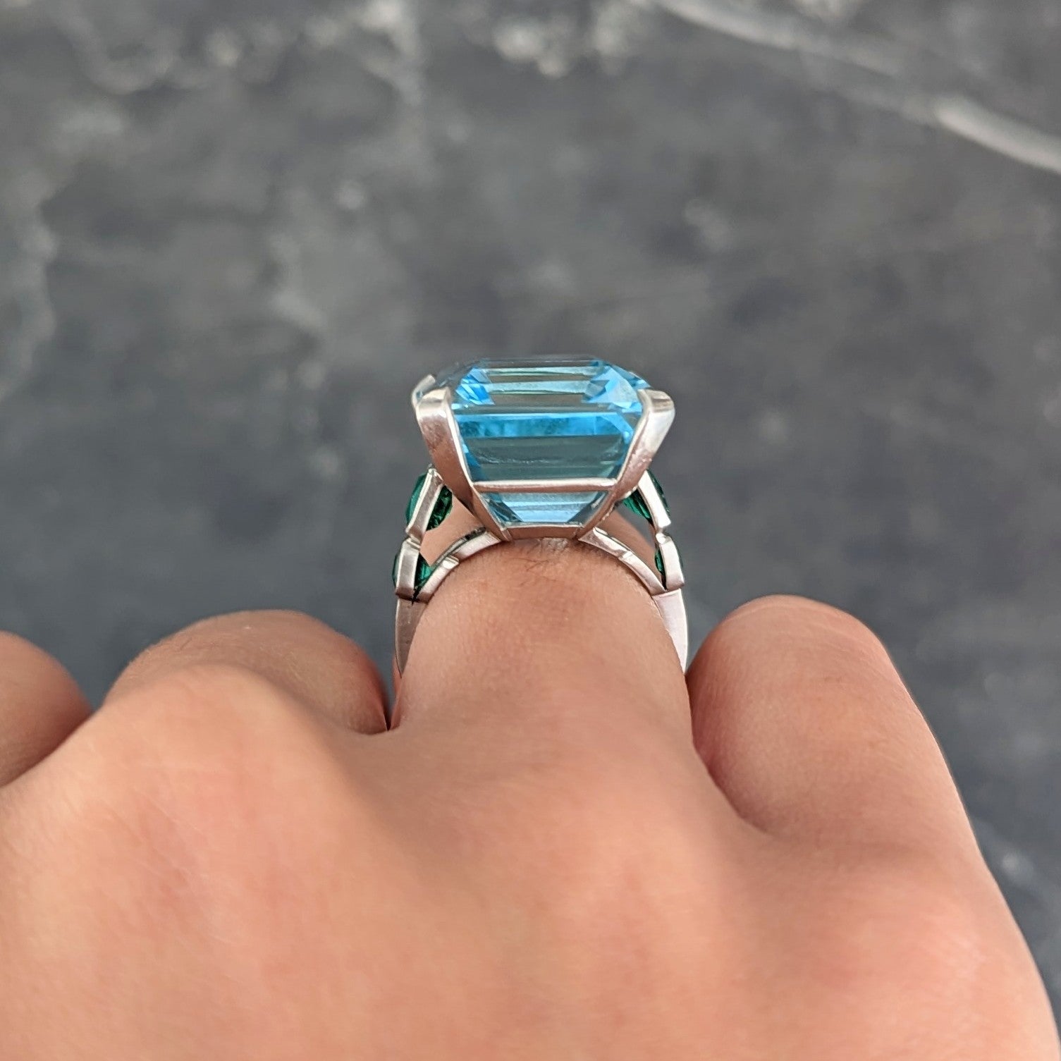 Art Deco Substantial 28.85 CTW Emerald Cut Aquamarine French Cut Emerald Platinum Vintage Cocktail Ring Wilson's Estate Jewelry