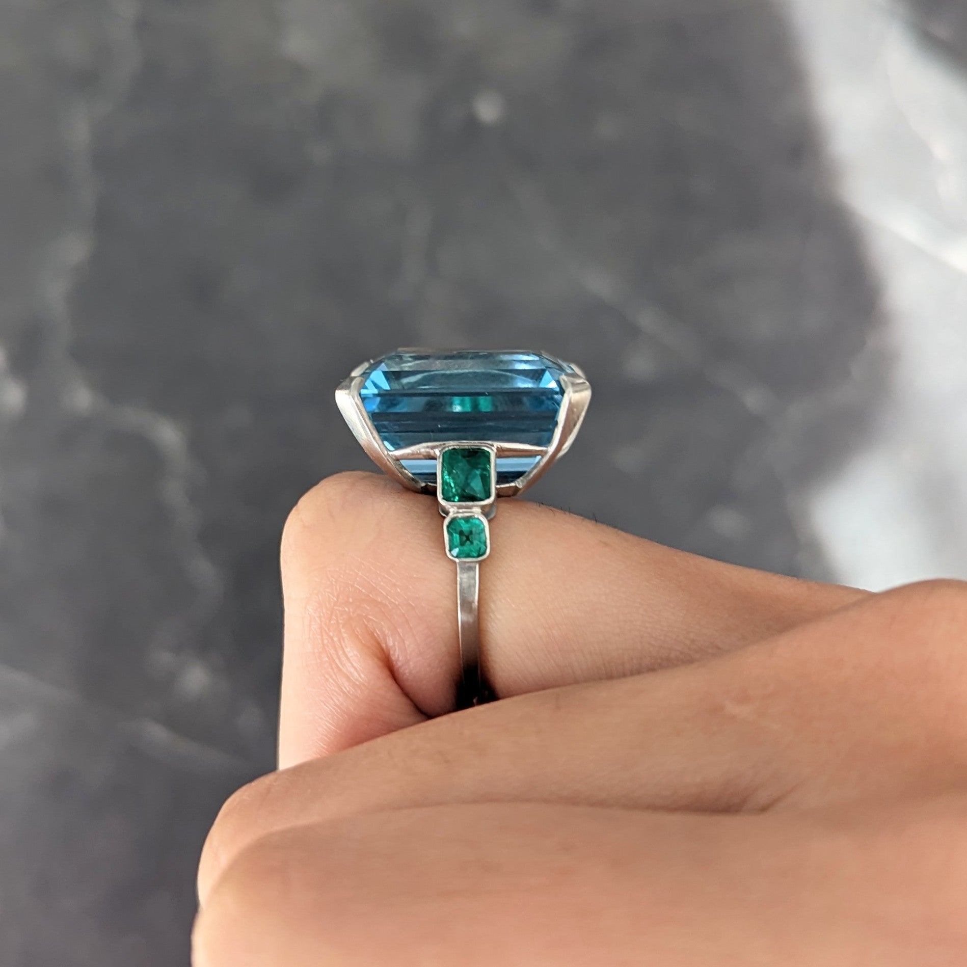 Art Deco Substantial 28.85 CTW Emerald Cut Aquamarine French Cut Emerald Platinum Vintage Cocktail Ring Wilson's Estate Jewelry