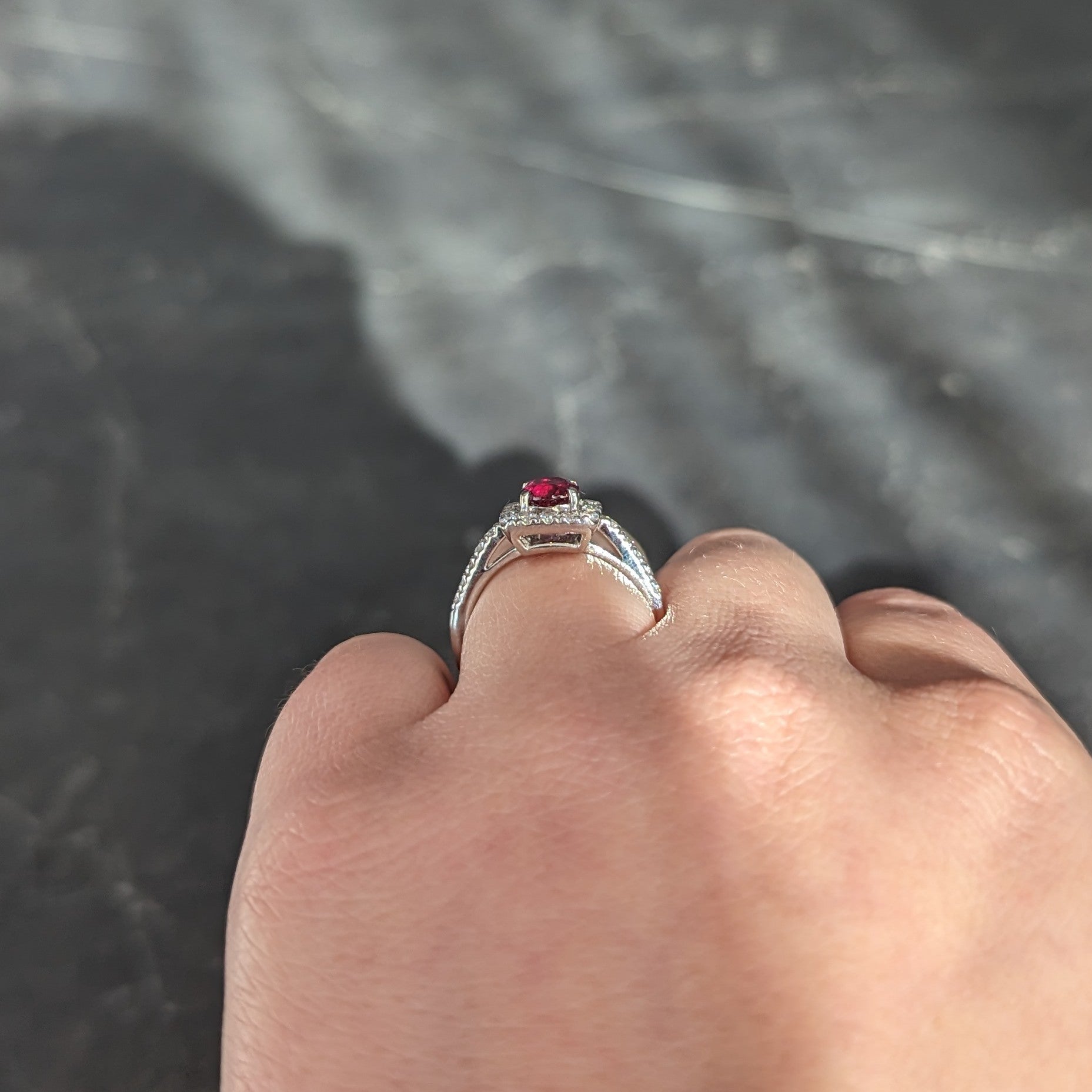 Contemporary 1.47 CTW Cushion Cut Ruby Diamond Platinum Square Halo Ring Wilson's Estate Jewelry