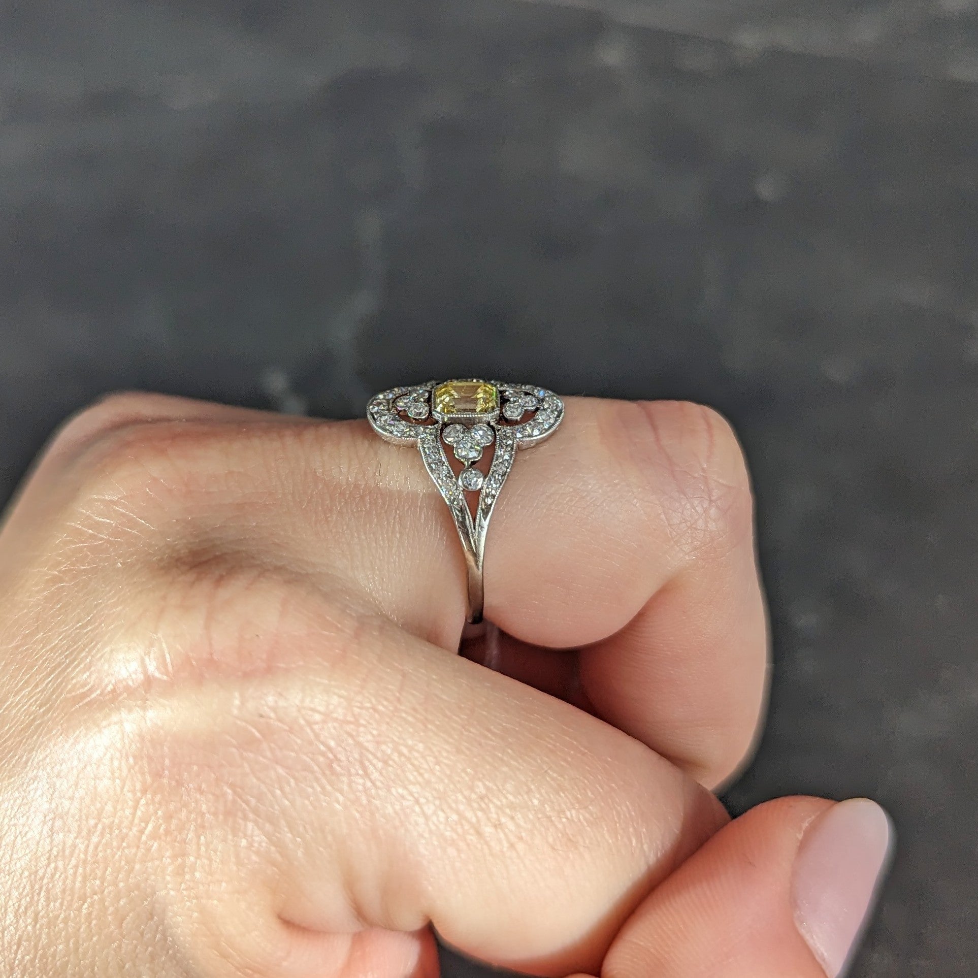 Edwardian 1.17 CTW Emerald Cut Fancy Yellow Diamond Platinum Quatrefoil Antique Dinner Ring Wilson's Estate Jewelry