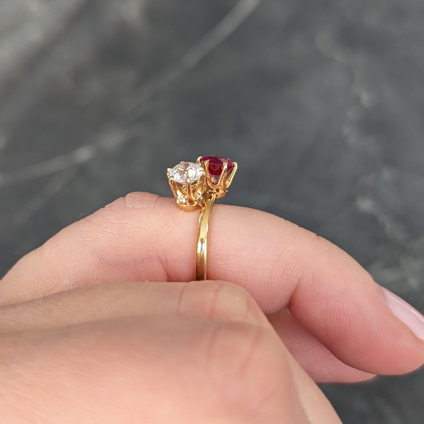 Tiffany & Co. Victorian 1.08 CTW Ruby Old European Cut Diamond Antique Toi Et Moi Bypass Ring Wilson's Estate Jewelry