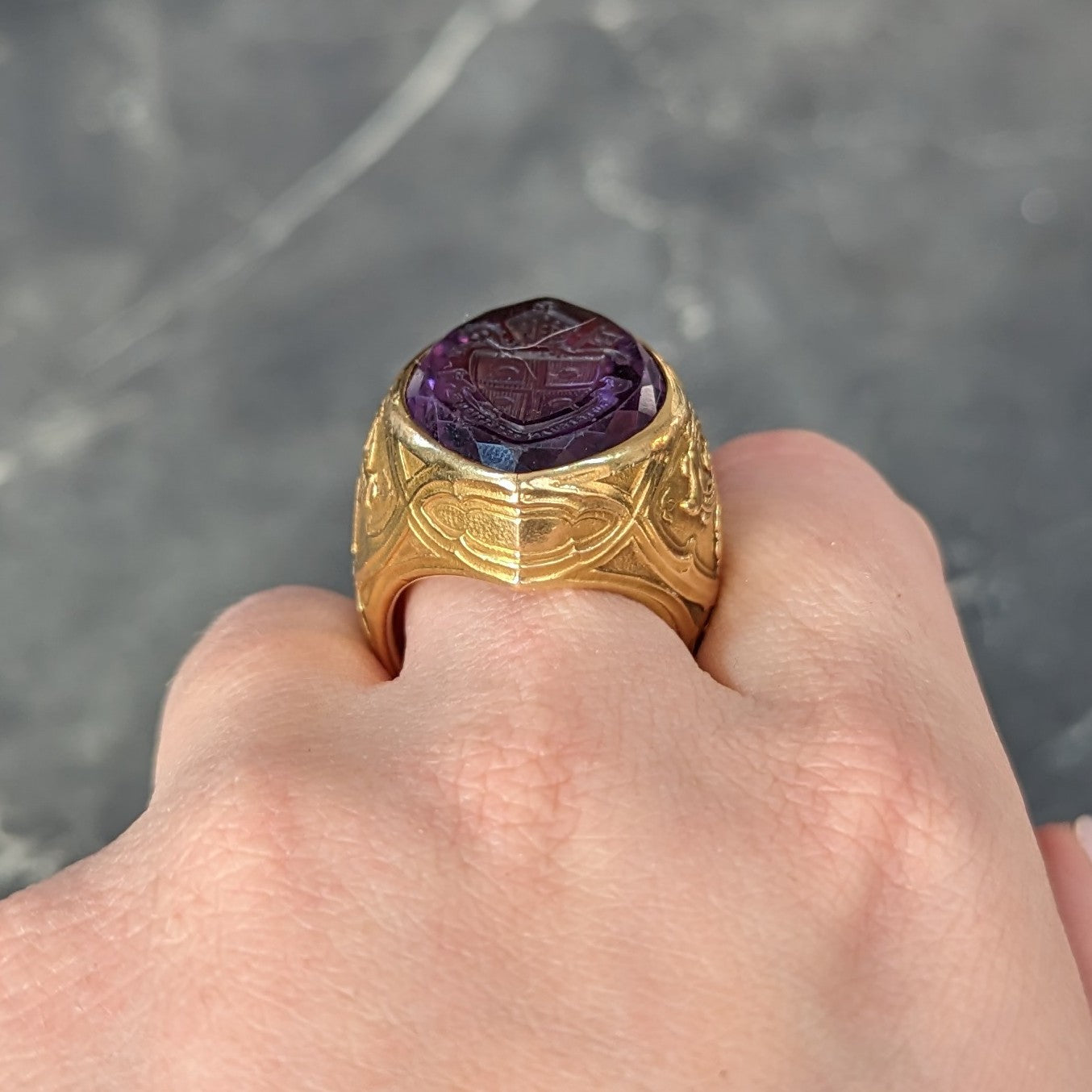 1915 Amethyst 18 Karat Yellow Gold Intaglio Ecclesiastical Bishop's Antique Navette Unisex Ring Wilson's Estate Jewelry