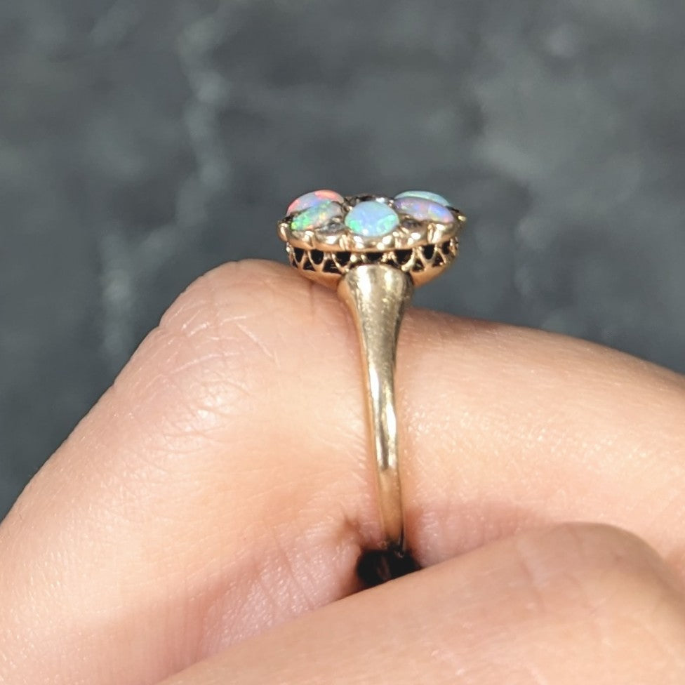 Victorian Old European Cut Diamond Opal Cabochon 14 Karat Yellow Gold Floral Antique Cluster Ring Wilson's Estate Jewelry