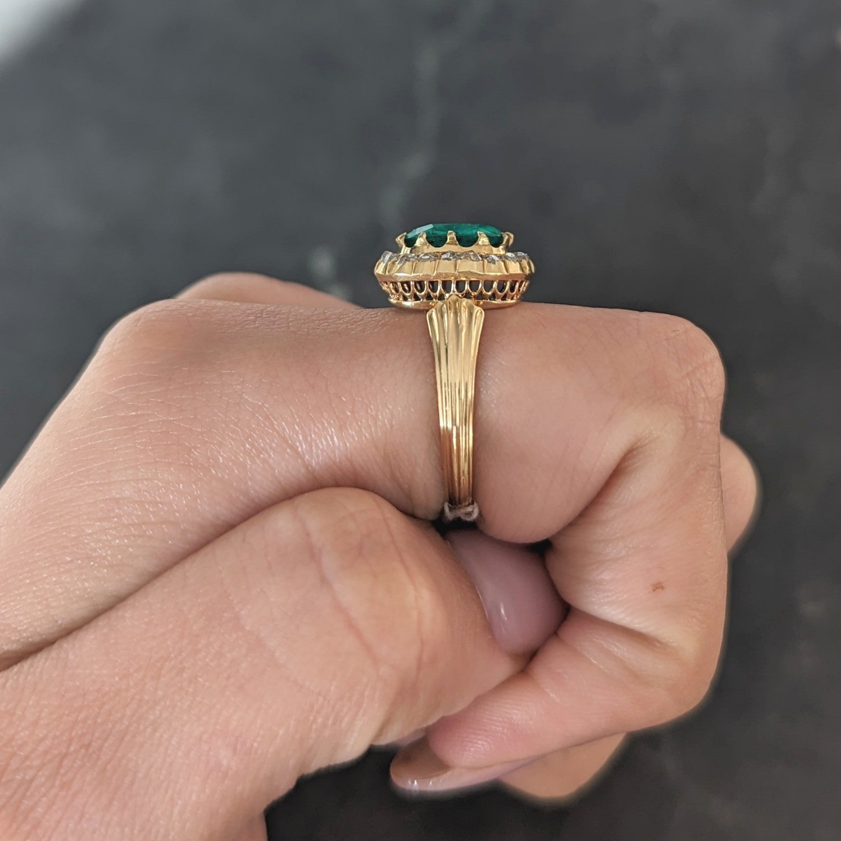 Victorian 2.78 CTW Cushion Cut Colombian Emerald Diamond 18 Karat Yellow Gold Antique Halo Ring AGL Wilson's Estate Jewelry