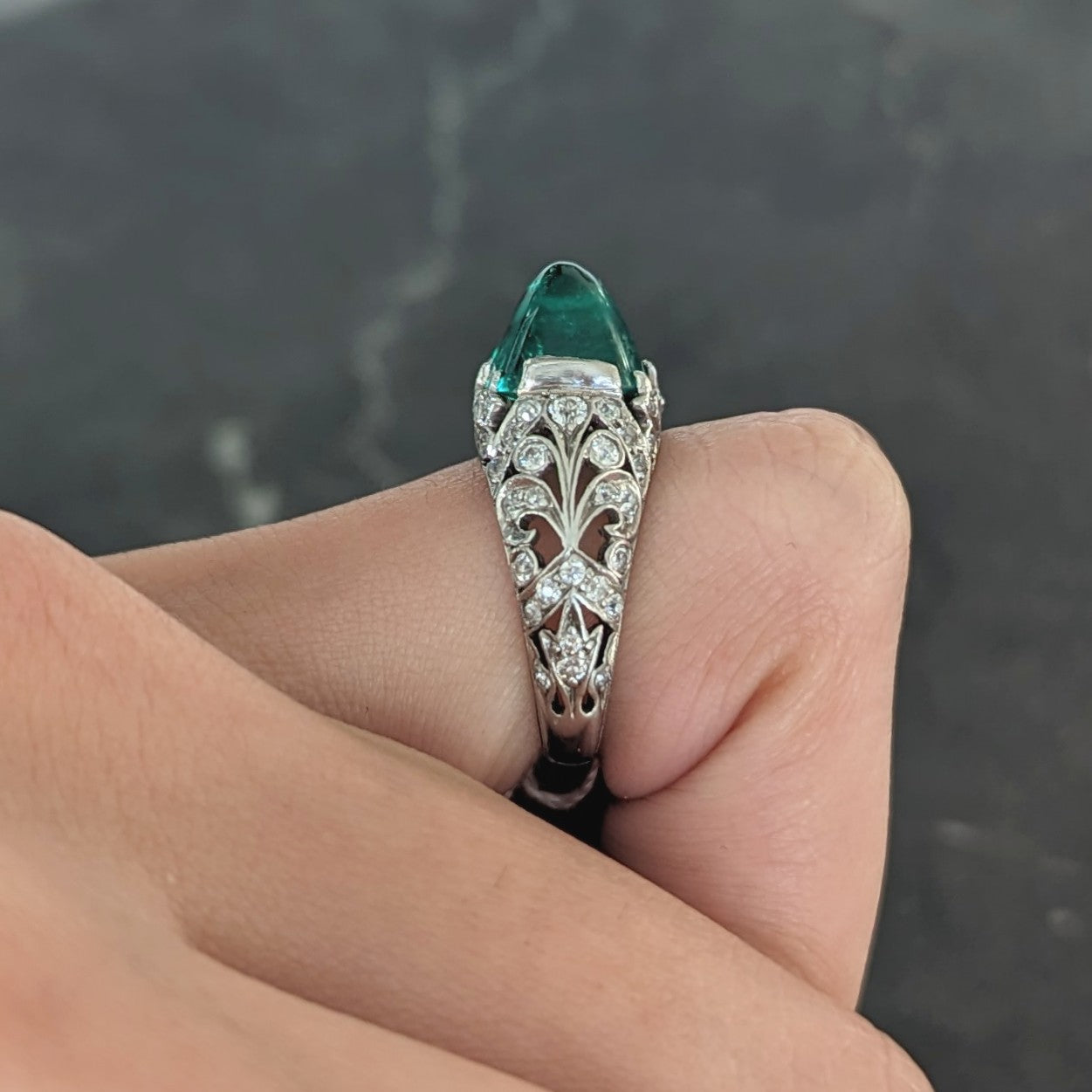 Edwardian 5.90 CTW Colombian Emerald Cabochon Old European Cut Diamond Platinum Scrolling Fleur-De-Lis Antique Gemstone Ring AGL Wilson's Estate Jewelry