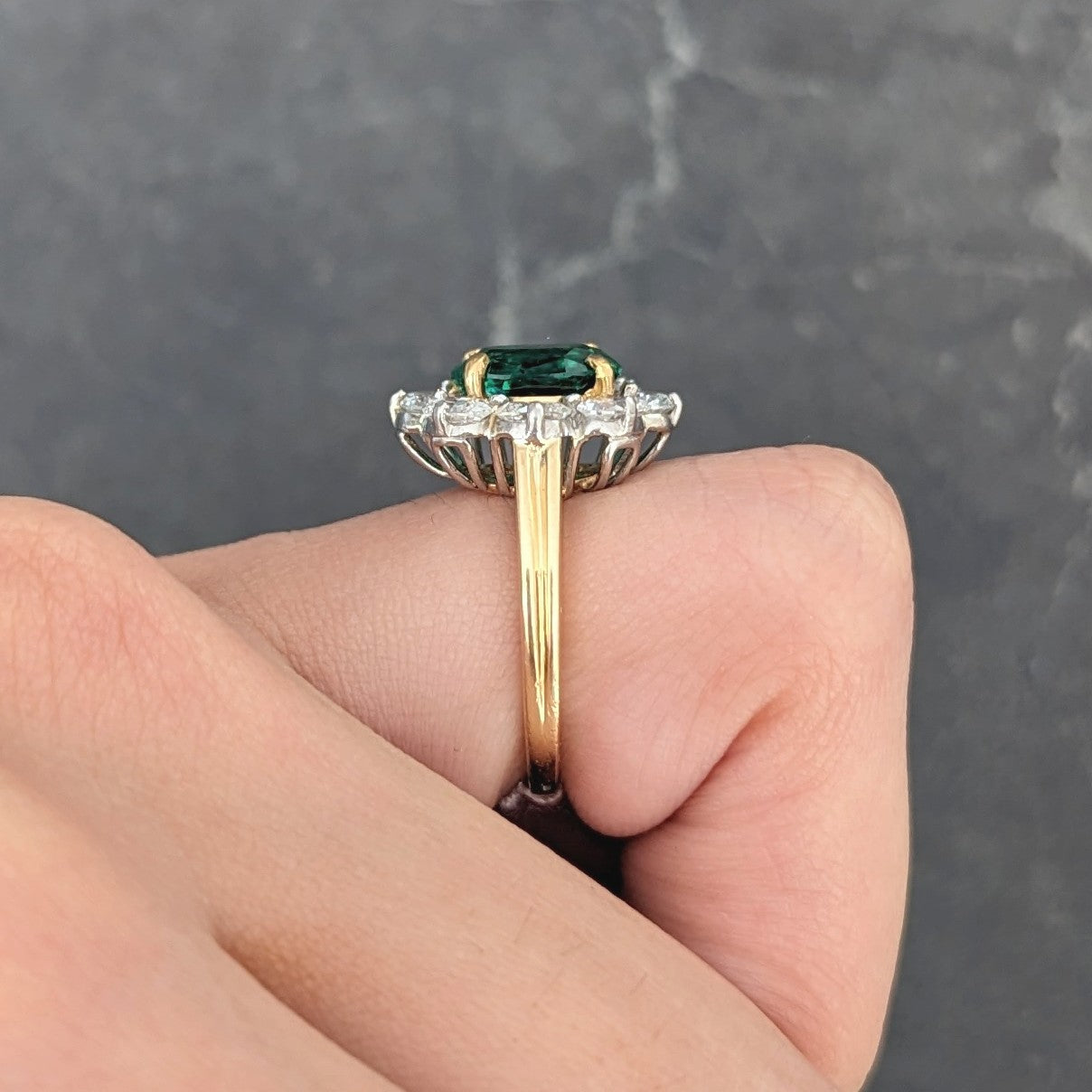 Vintage 2.96 CTW Emerald Oval Cut Diamond Platinum 18 Karat Yellow Gold Halo Ring GIA Wilson's Estate Jewelry