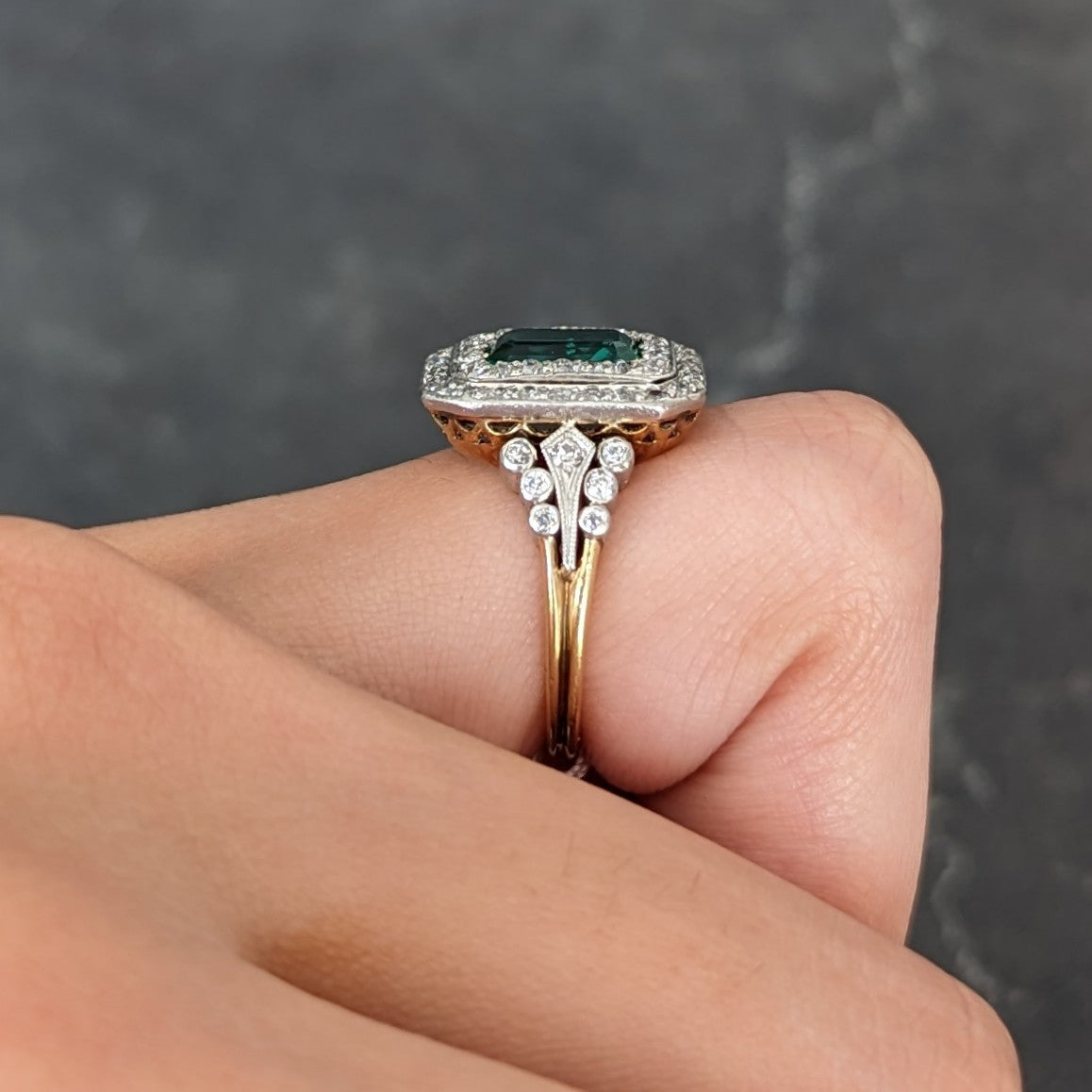 Tiffany & Co. Edwardian 2.12 CTW Colombian Emerald Diamond Platinum-Topped 18 Karat Yellow Gold Antique Double Halo Ring AGL Wilson's Estate Jewelry