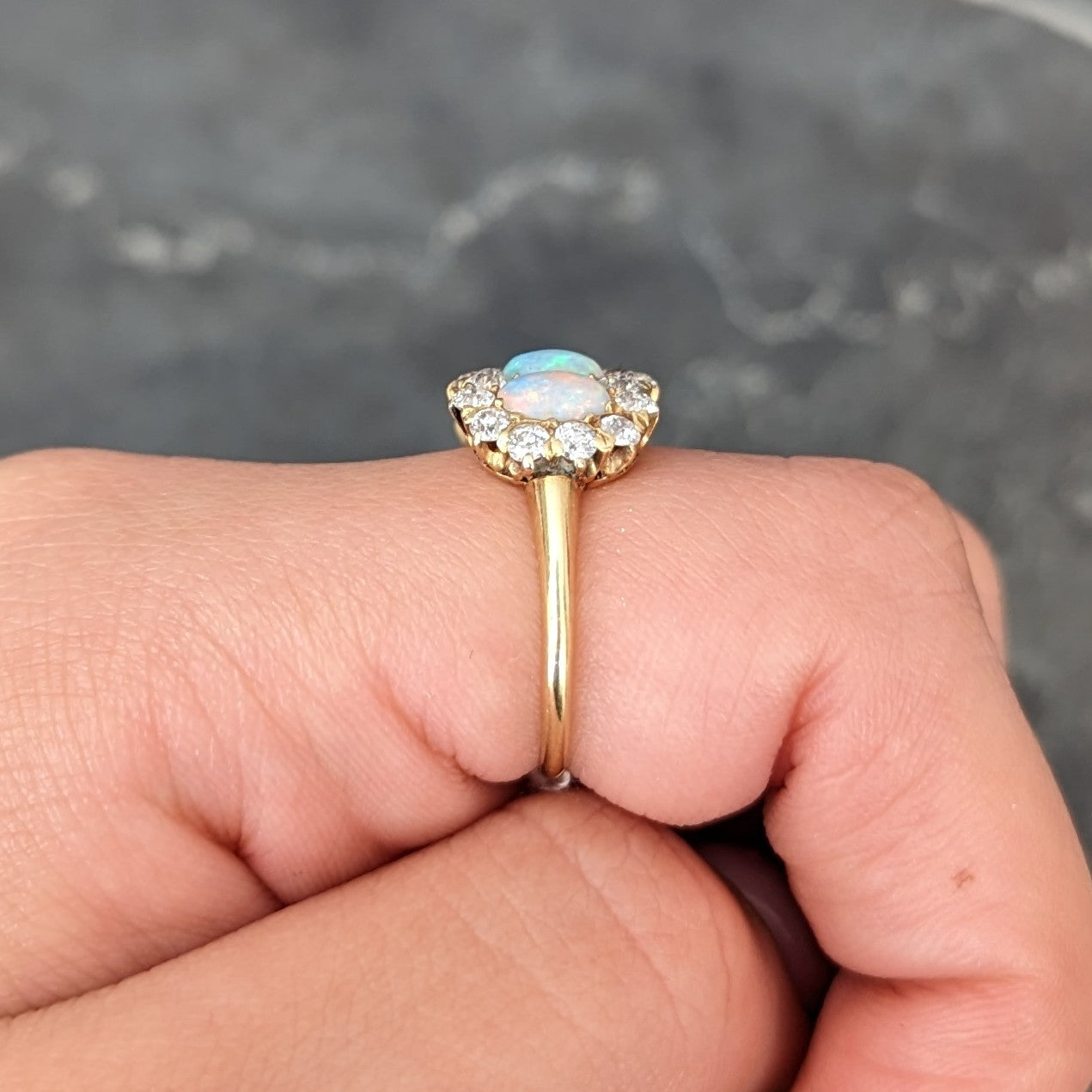 Victorian 1.32 CTW Opal Cabochon Old European Cut Diamond 18 Karat Yellow Gold Antique Cluster Ring Wilson's Estate Jewelry