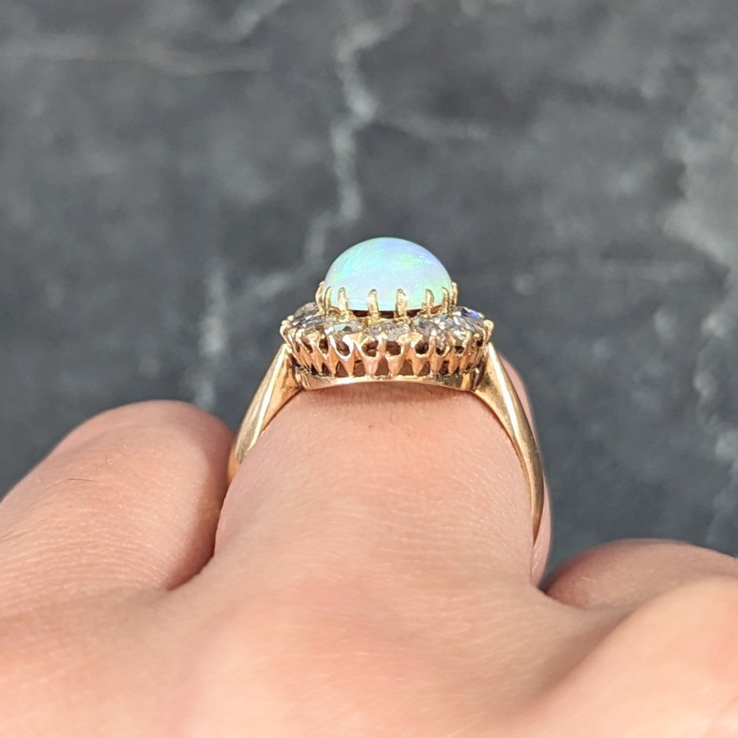 Victorian Opal Cabochon Diamond 18 Karat Yellow Gold Antique Halo Ring Wilson's Estate Jewelry