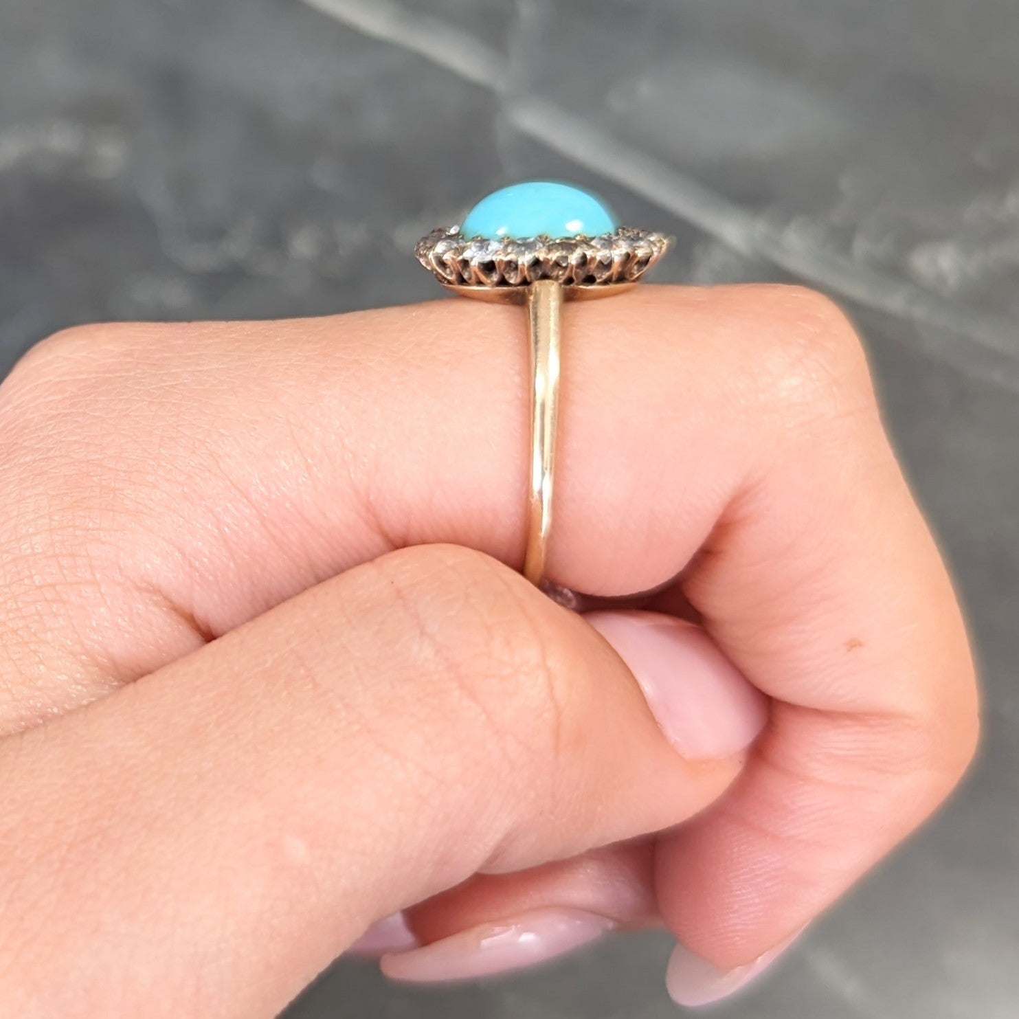 Victorian Turquoise Cabochon Old Mine  Cut Diamond 14 Karat Yellow Gold Halo Ring Wilson's Estate Jewelry