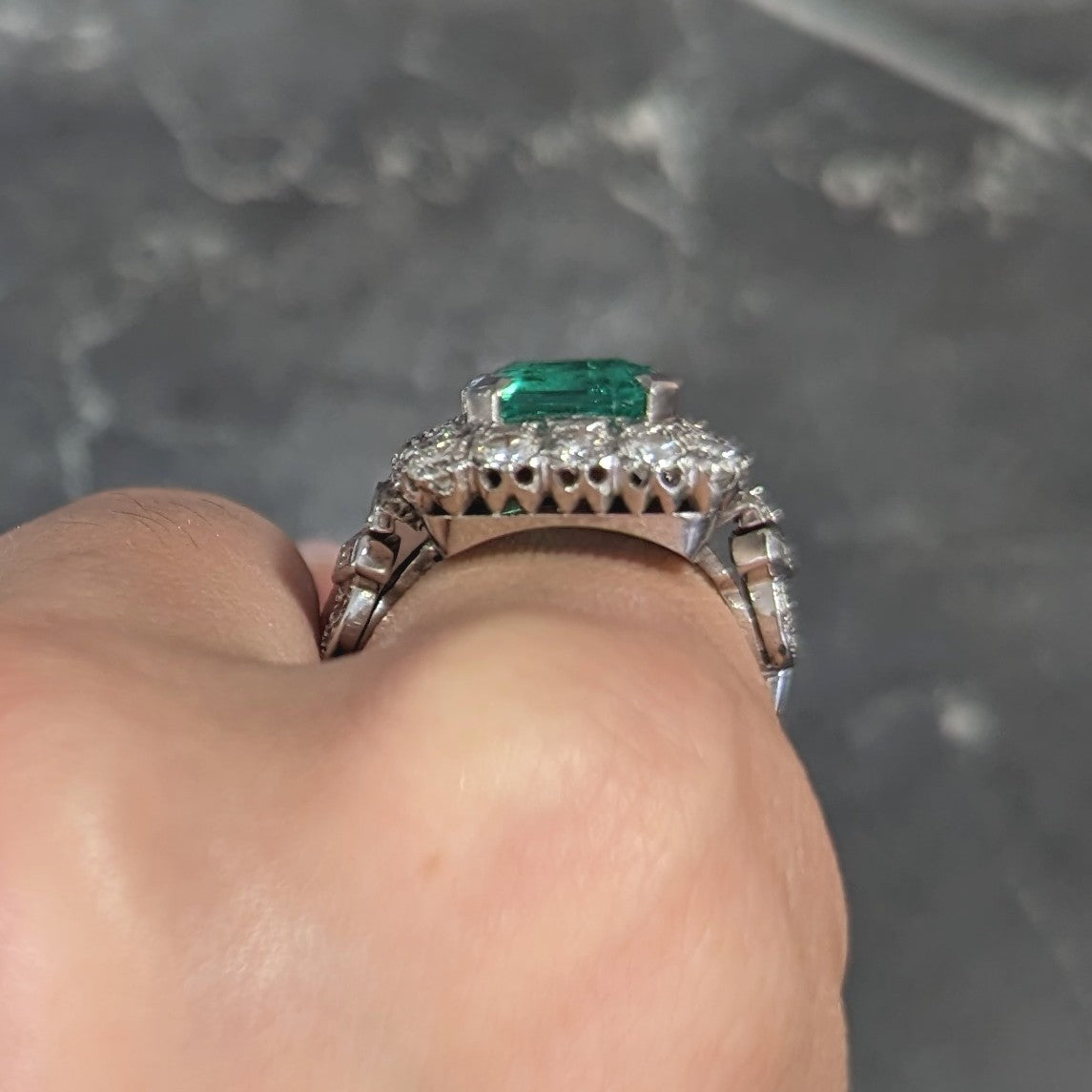 Mid-Century 5.73 CTW  Colombian Emerald Transitional Cut Diamond Platinum Vintage Halo Ring GIA Wilson's Estate Jewelry