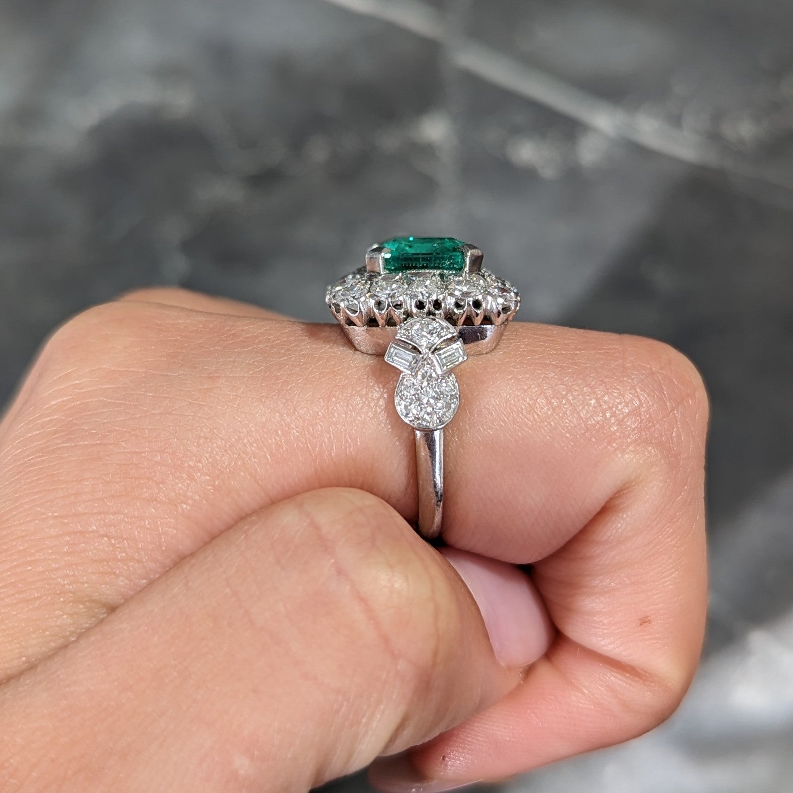 Mid-Century 5.73 CTW  Colombian Emerald Transitional Cut Diamond Platinum Vintage Halo Ring GIA Wilson's Estate Jewelry