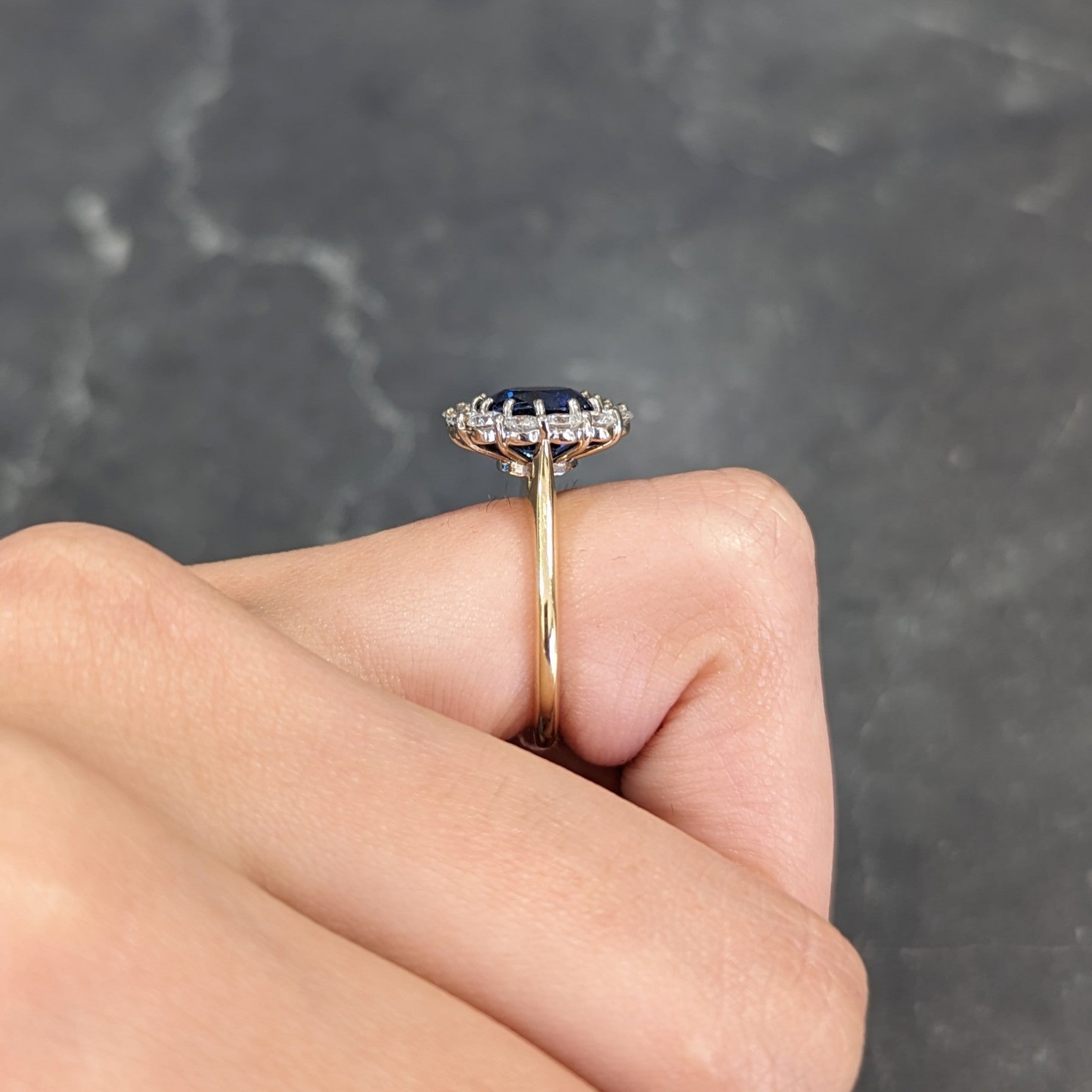 Vintage 3.25 CTW Cushion Cut Sapphire Diamond 18 Karat Two-Tone Vintage Halo Ring GIA Wilson's Estate Jewelry