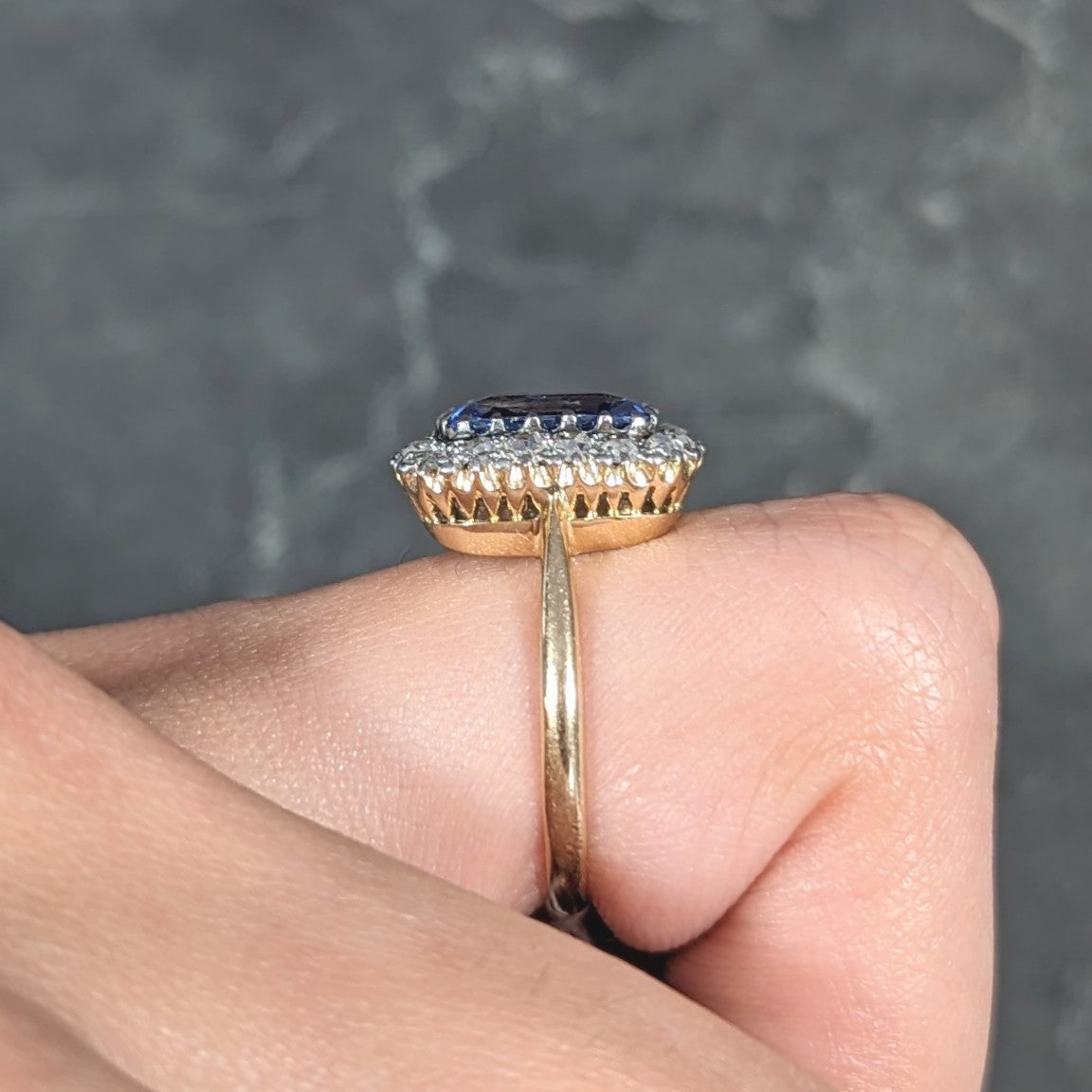 Edwardian 3.47 CTW Cushion Cut No Heat Ceylon Sapphire Diamond Platinum-Topped 18 Karat Yellow Gold Antique Halo Ring GIA Wilson's Estate Jewelry