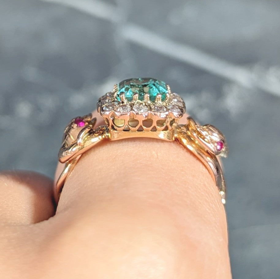 Victorian 2.46 CTW Emerald Old Mine Cut Diamond 18 Karat Rose Gold Snake Antique Halo Ring Wilson's Estate Jewelry