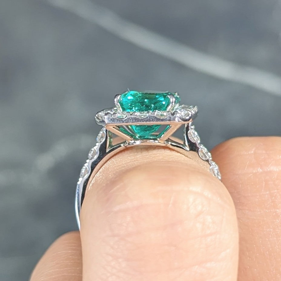 Contemporary 3.50 CTW Colombian Emerald Diamond Platinum Halo Ring GIA Wilson's Estate Jewelry