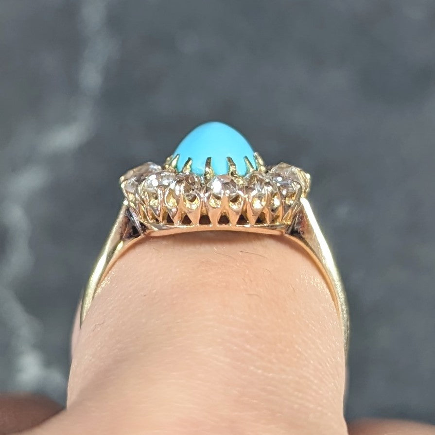 Victorian 1.12 CTW Turquoise Cabochon Old Mine Cut Diamond 14 Karat Yellow Gold Antique Halo Ring Wilson's Estate Jewelry