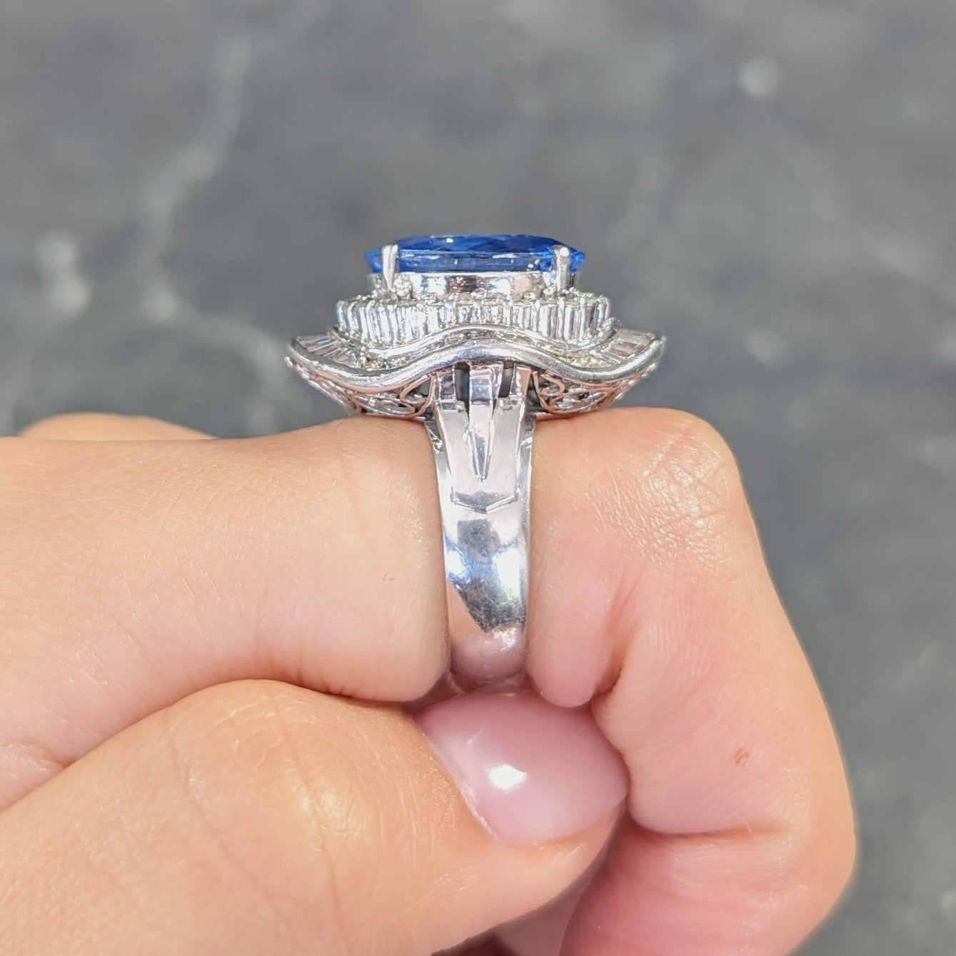 Contemporary 10.61 CTW Ceylon Sapphire Diamond Platinum Double Ballerina Halo Ring GIA Wilson's Estate Jewelry