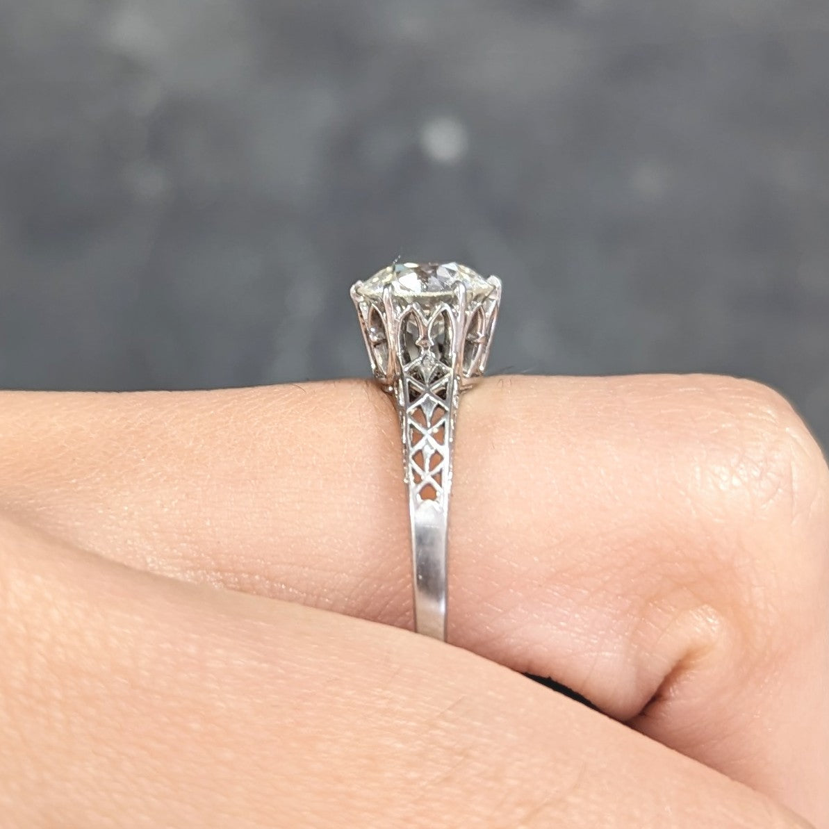 Art Deco 1.42 CTW Platinum Fleur-De-Lis Trellis Solitaire Engagement Ring Wilson's Estate Jewelry