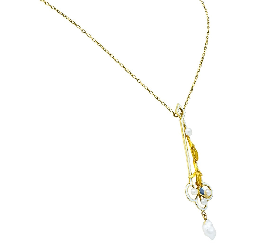 A.J. Hedges & Co. 1905 Art Nouveau Enamel Sapphire Pearl 14 Karat Gold Drop Necklace - Wilson's Estate Jewelry