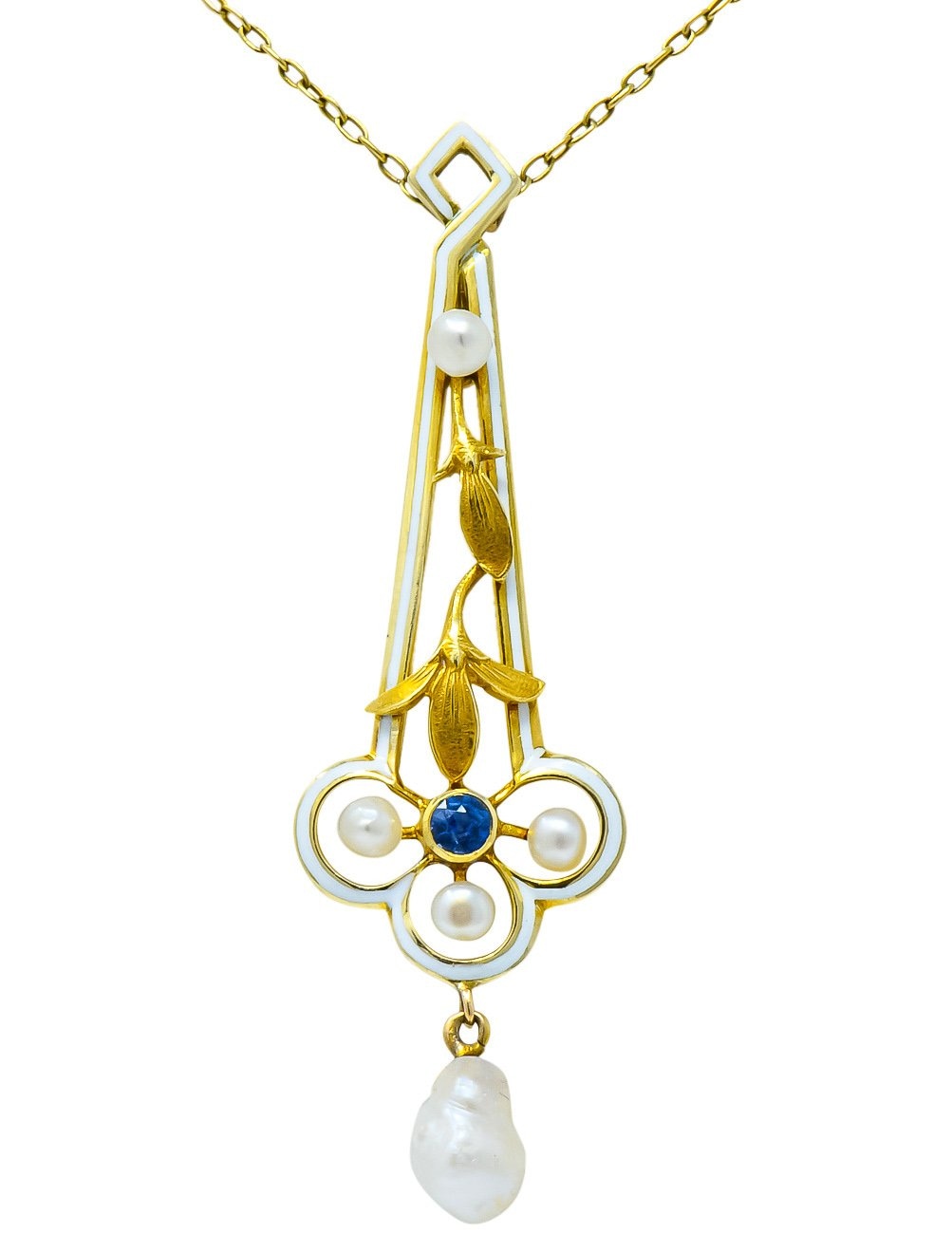 A.J. Hedges & Co. 1905 Art Nouveau Enamel Sapphire Pearl 14 Karat Gold Drop Necklace - Wilson's Estate Jewelry