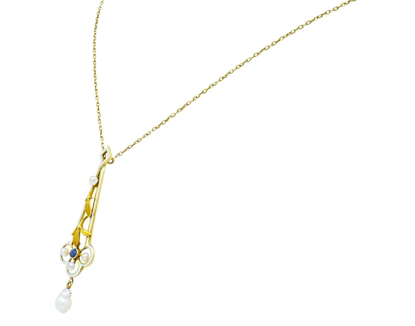 A.J. Hedges & Co. 1905 Art Nouveau Enamel Sapphire Pearl 14 Karat Gold Drop Necklace - Wilson's Estate Jewelry