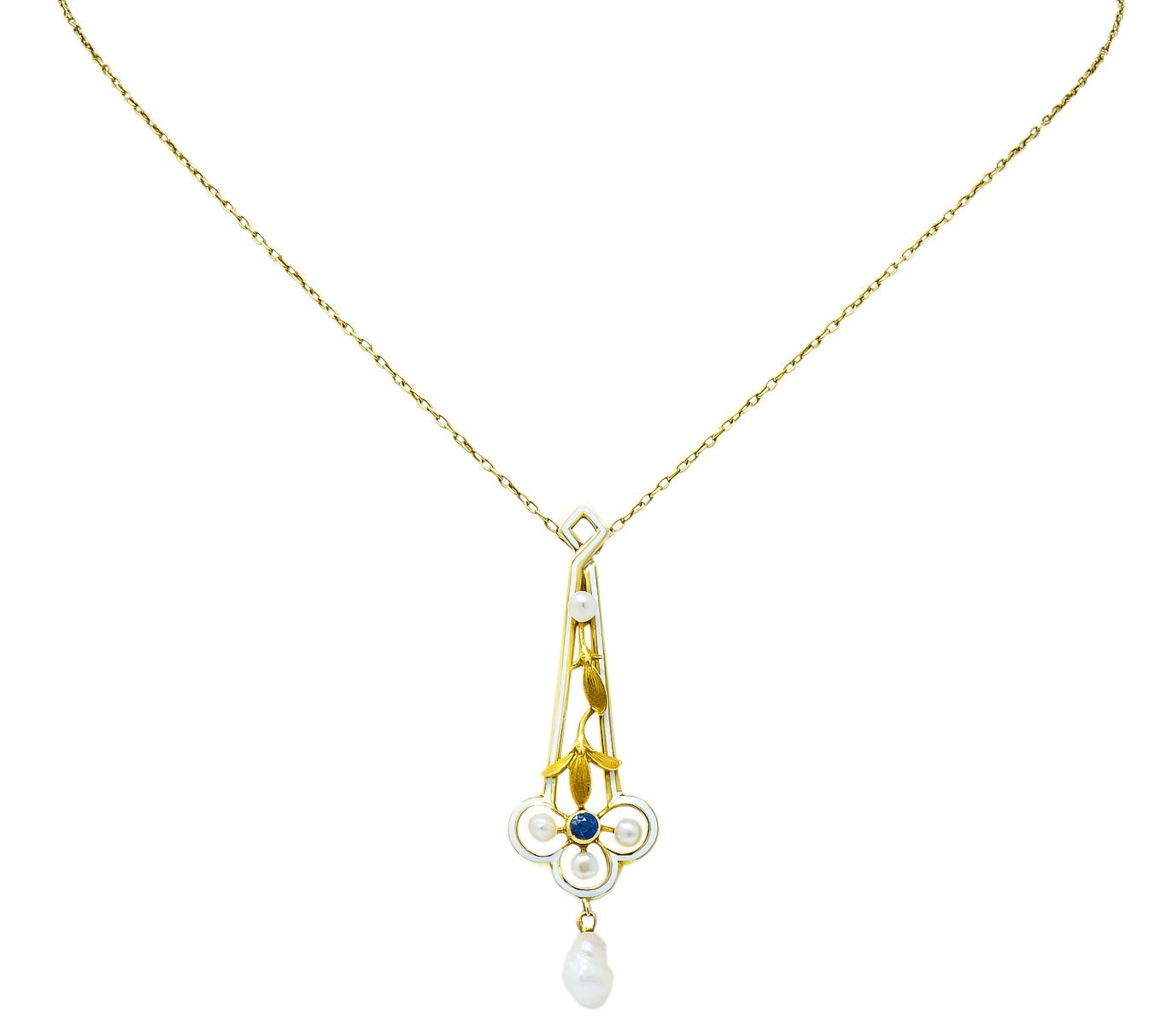 A.J. Hedges & Co. 1905 Art Nouveau Enamel Sapphire Pearl 14 Karat Gold Drop Necklace - Wilson's Estate Jewelry