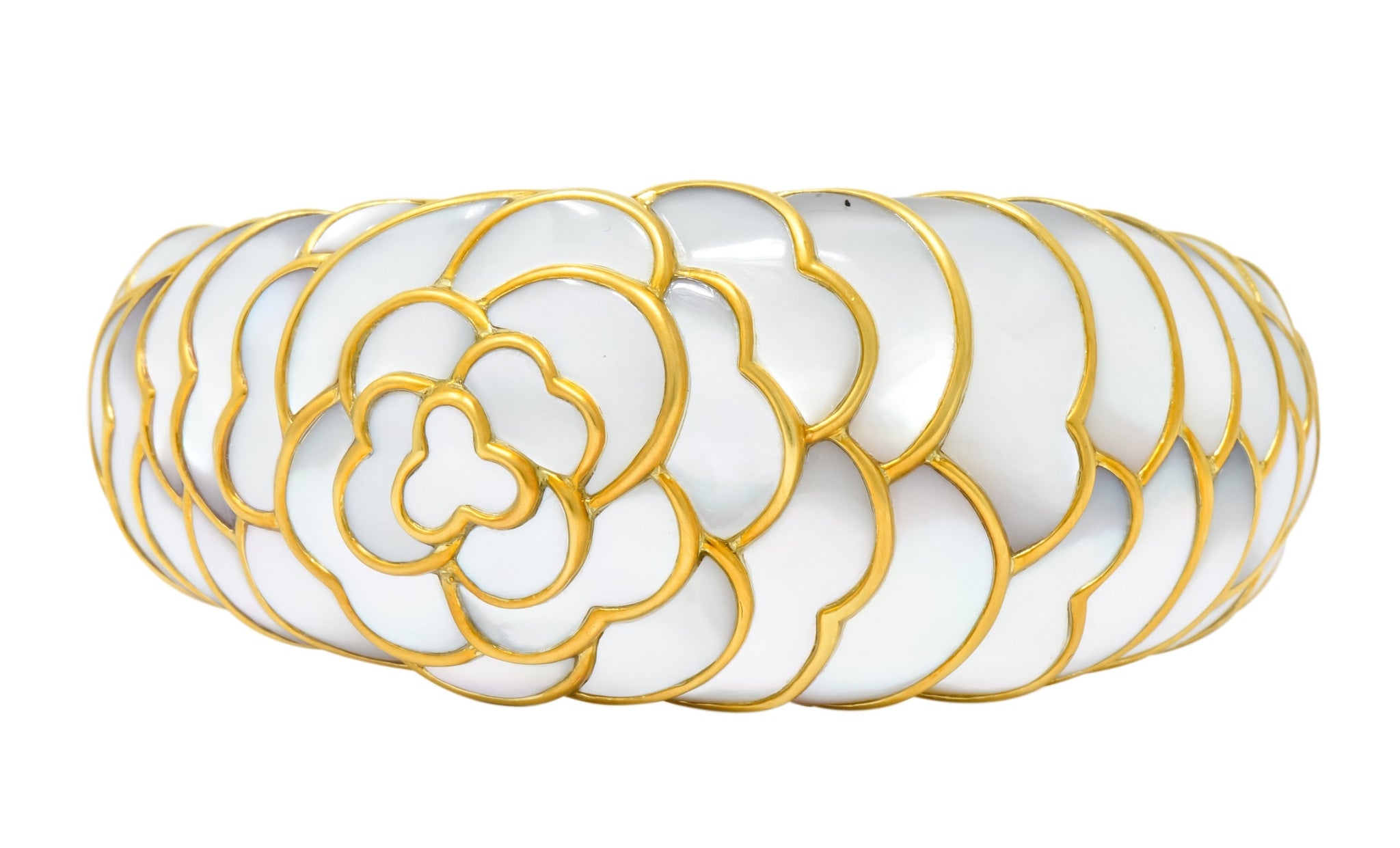 Angela Cummings Mother of Pearl 18 Karat Gold Floral Bangle Bracelet - Wilson's Estate Jewelry