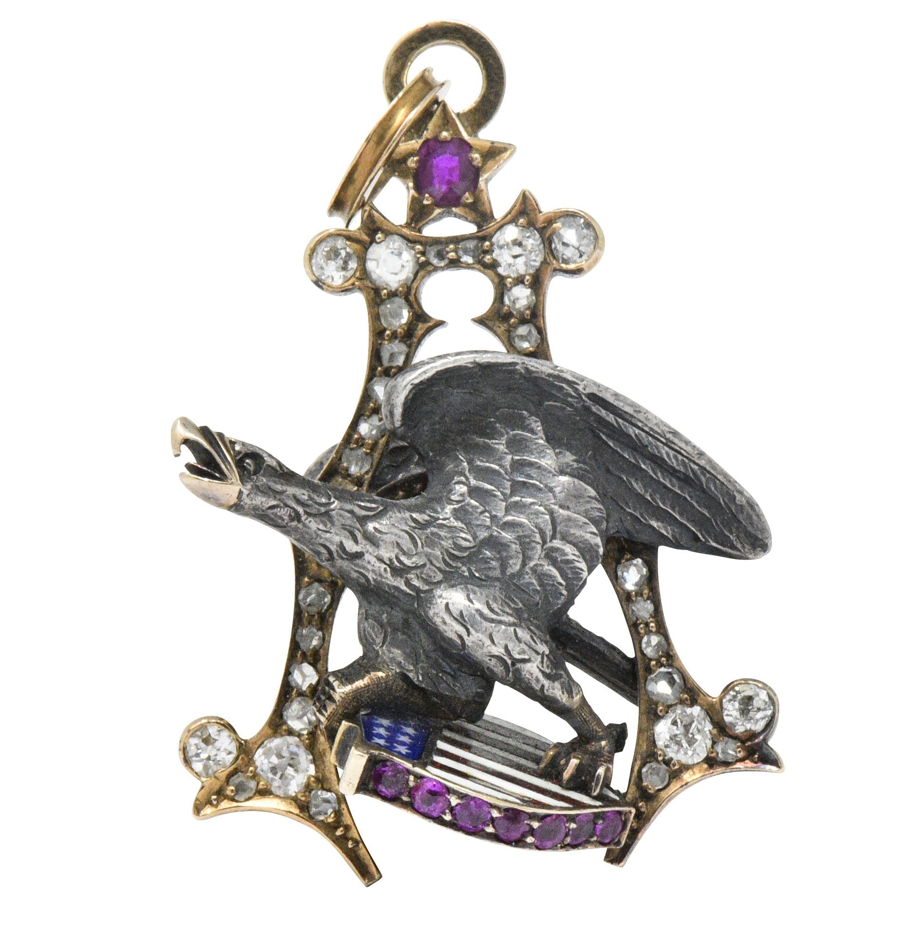 Anheuser Busch 1919 Diamond Ruby Enamel Sterling Silver 14 Karat Gold Eagle Pendant Wilson's Estate Jewelry