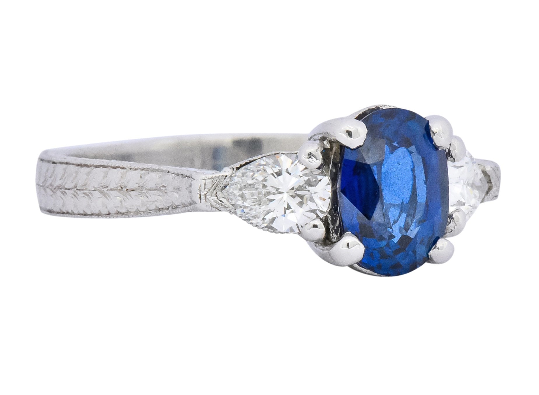 Antique 2.35 CTW Sapphire Diamond Gold Platinum Three Stone Ring - Wilson's Estate Jewelry