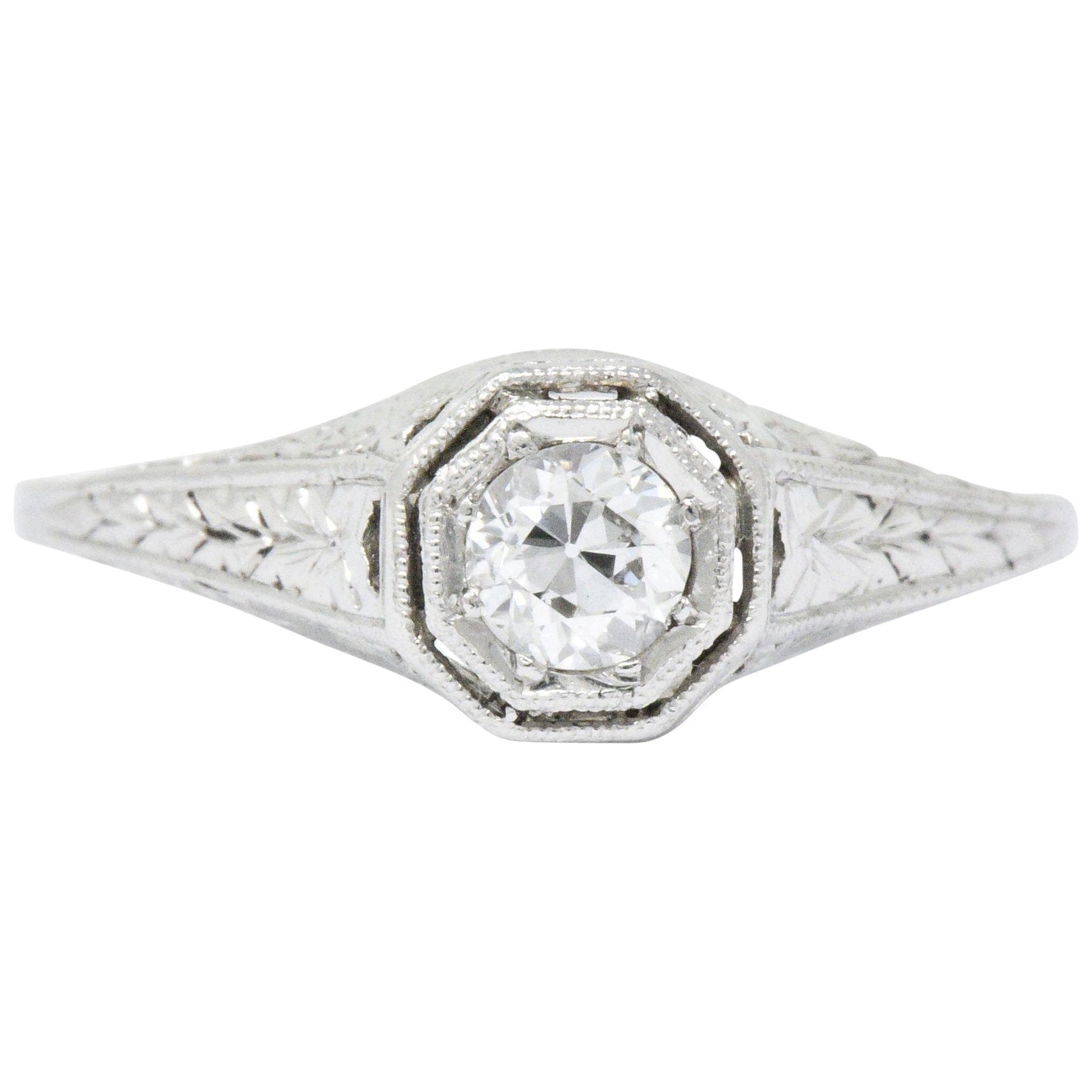 Art Deco 0.25 CTW Old European Diamond Platinum Octagonal Engagement Ring Wilson's Estate Jewelry