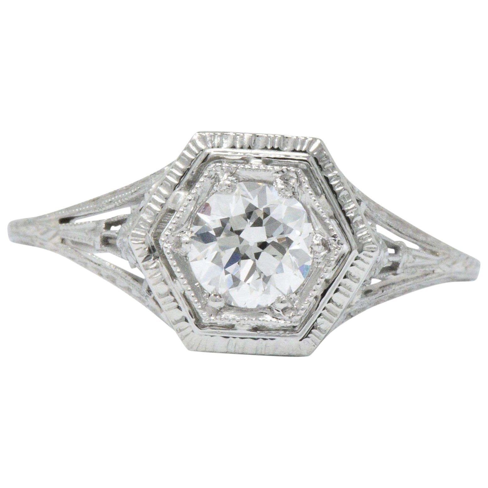 Art Deco 0.51 CTW Diamond 18 Karat White Gold Octagonal Halo Engagement Ring Wilson's Estate Jewelry