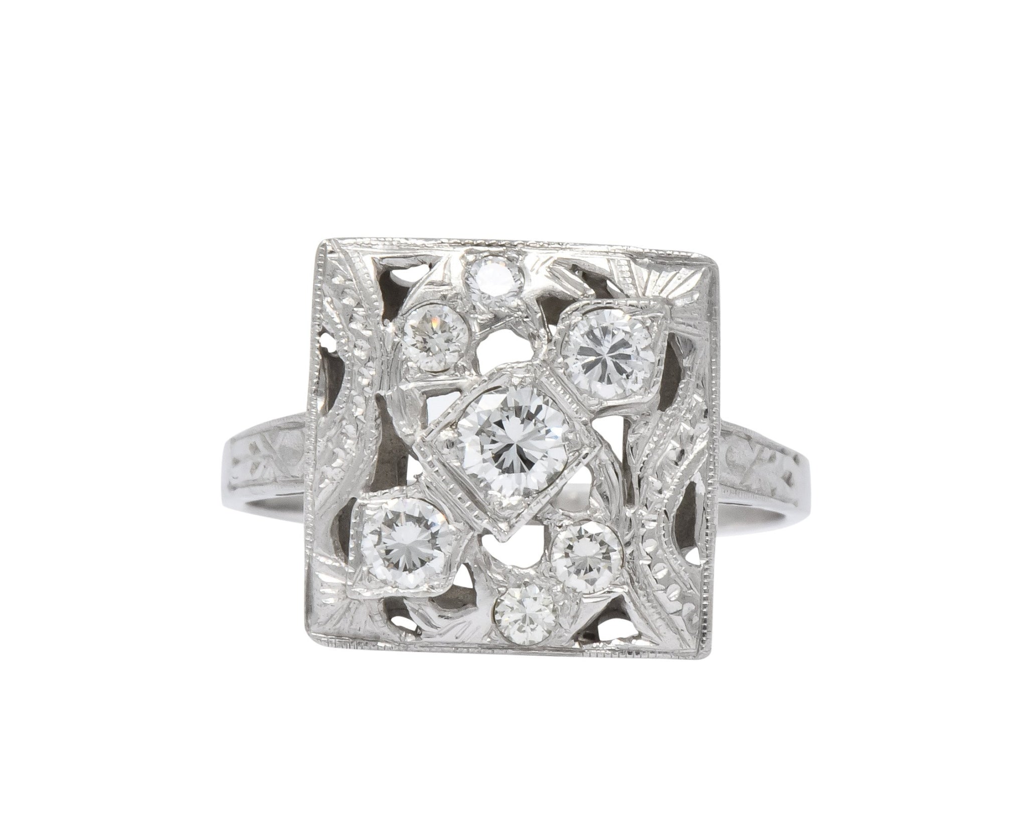 Art Deco 0.55 CTW Diamond 14 Karat White Gold Cocktail Ring - Wilson's Estate Jewelry