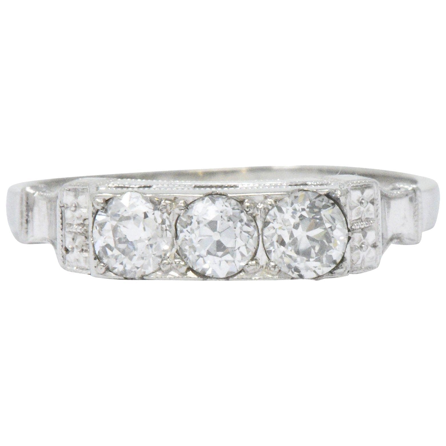 Art Deco 0.57 CTW Diamond 18 Karat White Gold Three Stone Band Ring Wilson's Estate Jewelry