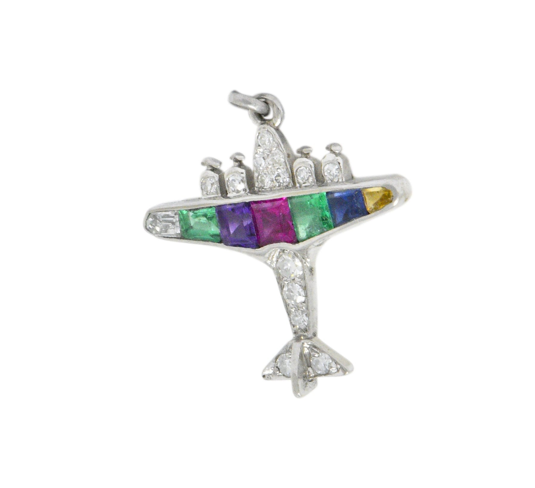 Art Deco 0.60 CTW Diamond Multi-Gemstone 'DEAREST' Platinum Airplane Pendant Wilson's Estate Jewelry