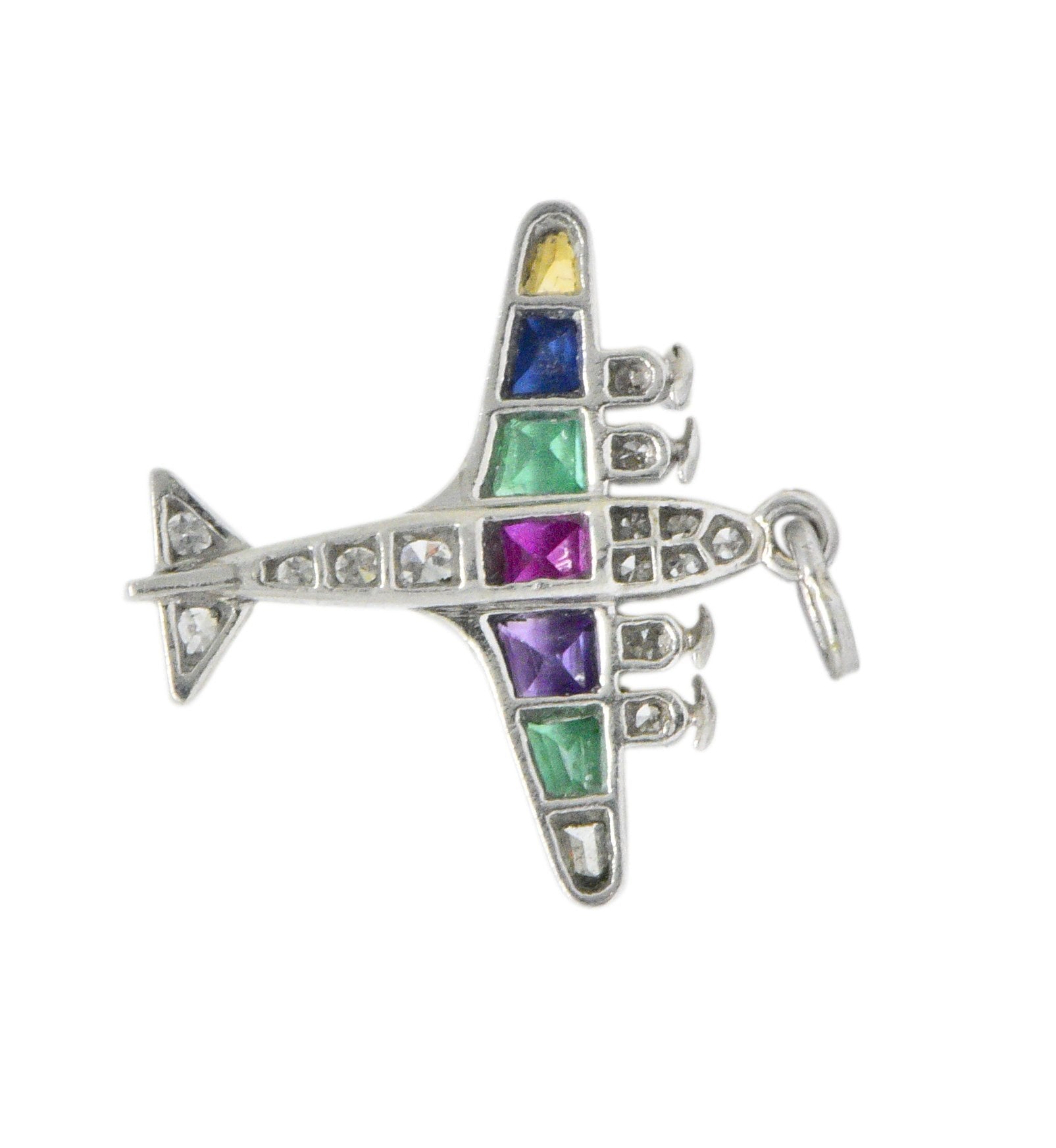 Art Deco 0.60 CTW Diamond Multi-Gemstone 'DEAREST' Platinum Airplane Pendant Wilson's Estate Jewelry