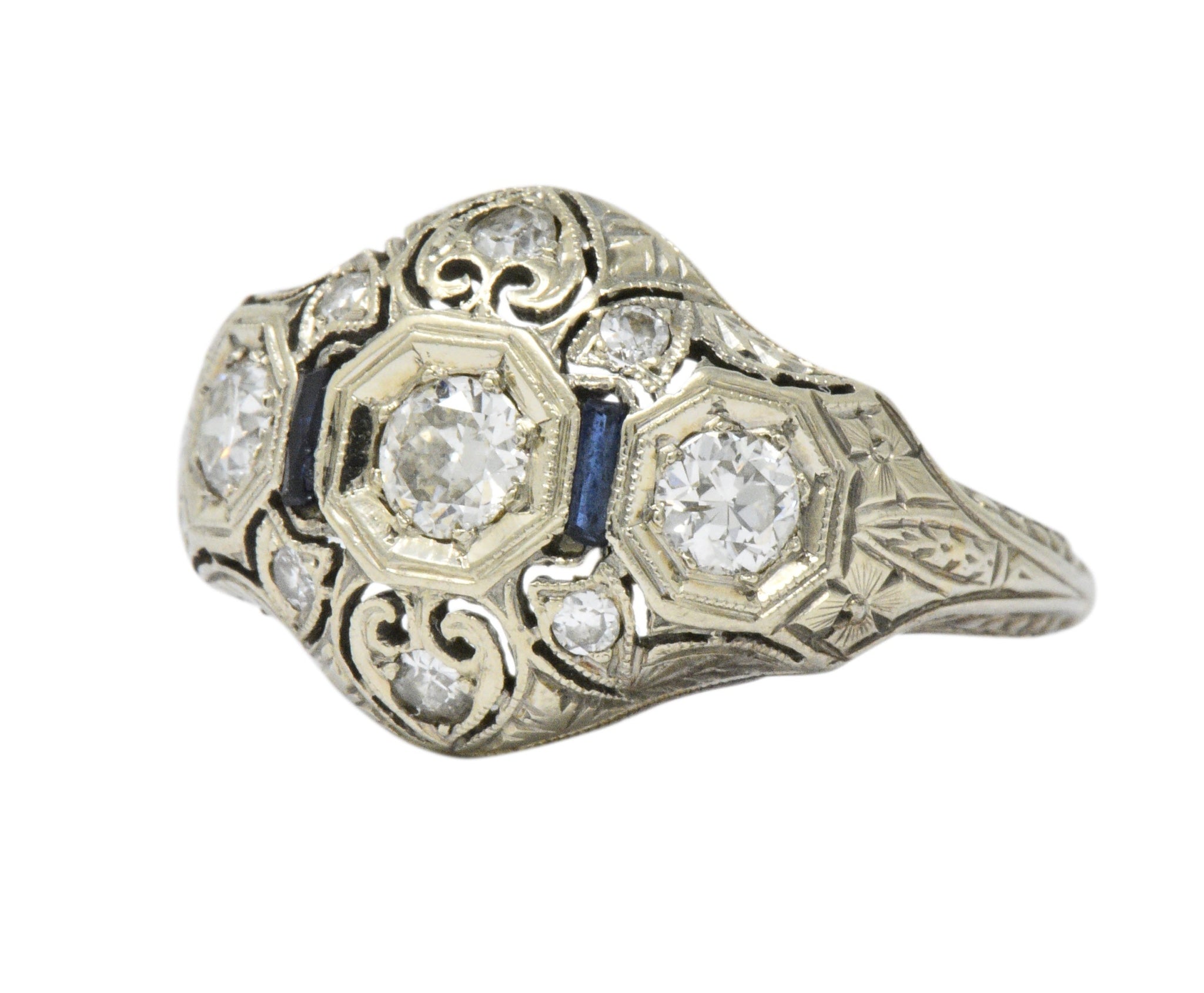 Art Deco 0.60 CTW Diamond Sapphire 18 Karat White Gold Ring Wilson's Estate Jewelry