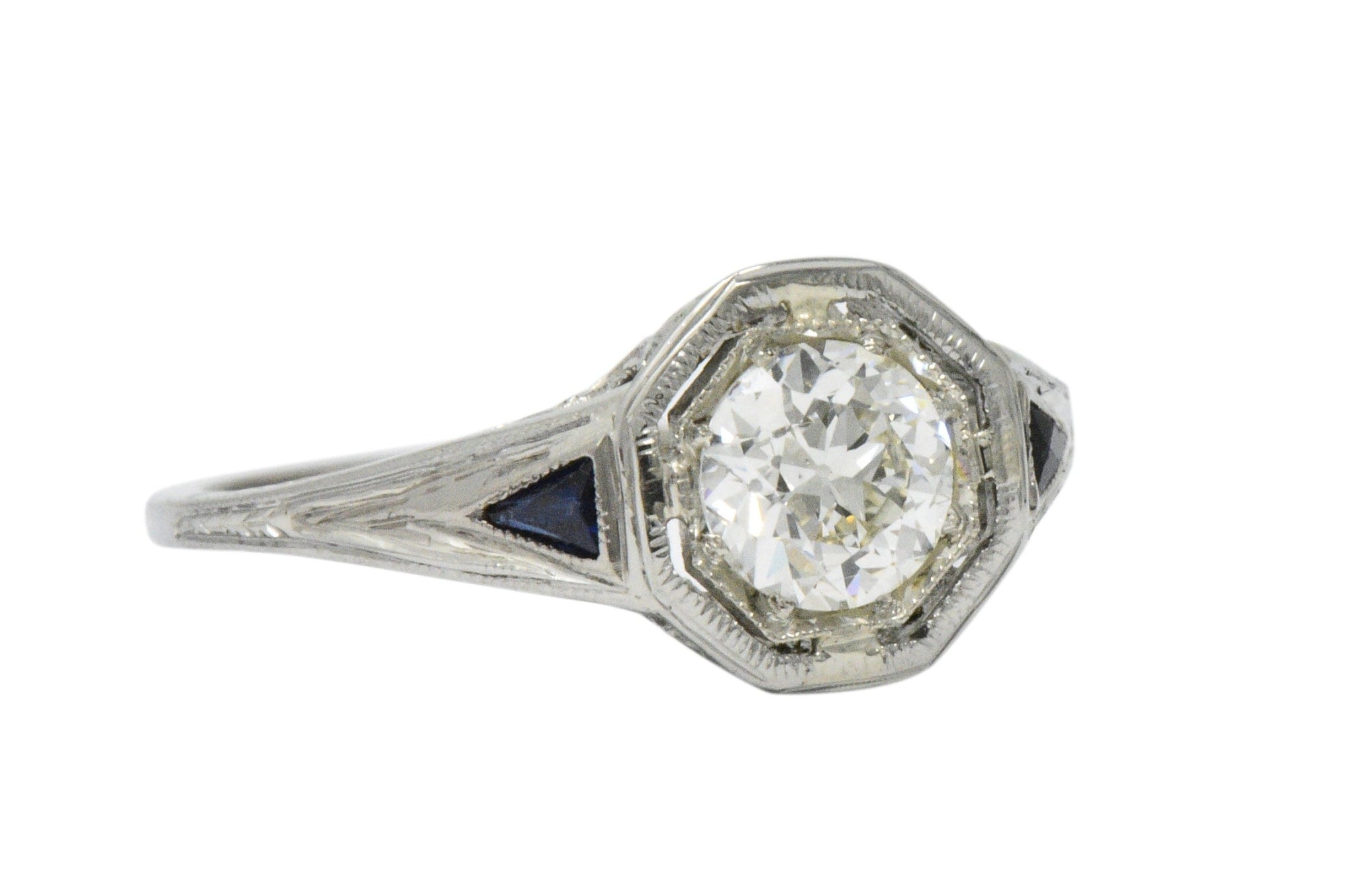 Art Deco 0.69 CTW Diamond Sapphire 18 Karat White Gold Engagement Ring GIA Wilson's Estate Jewelry