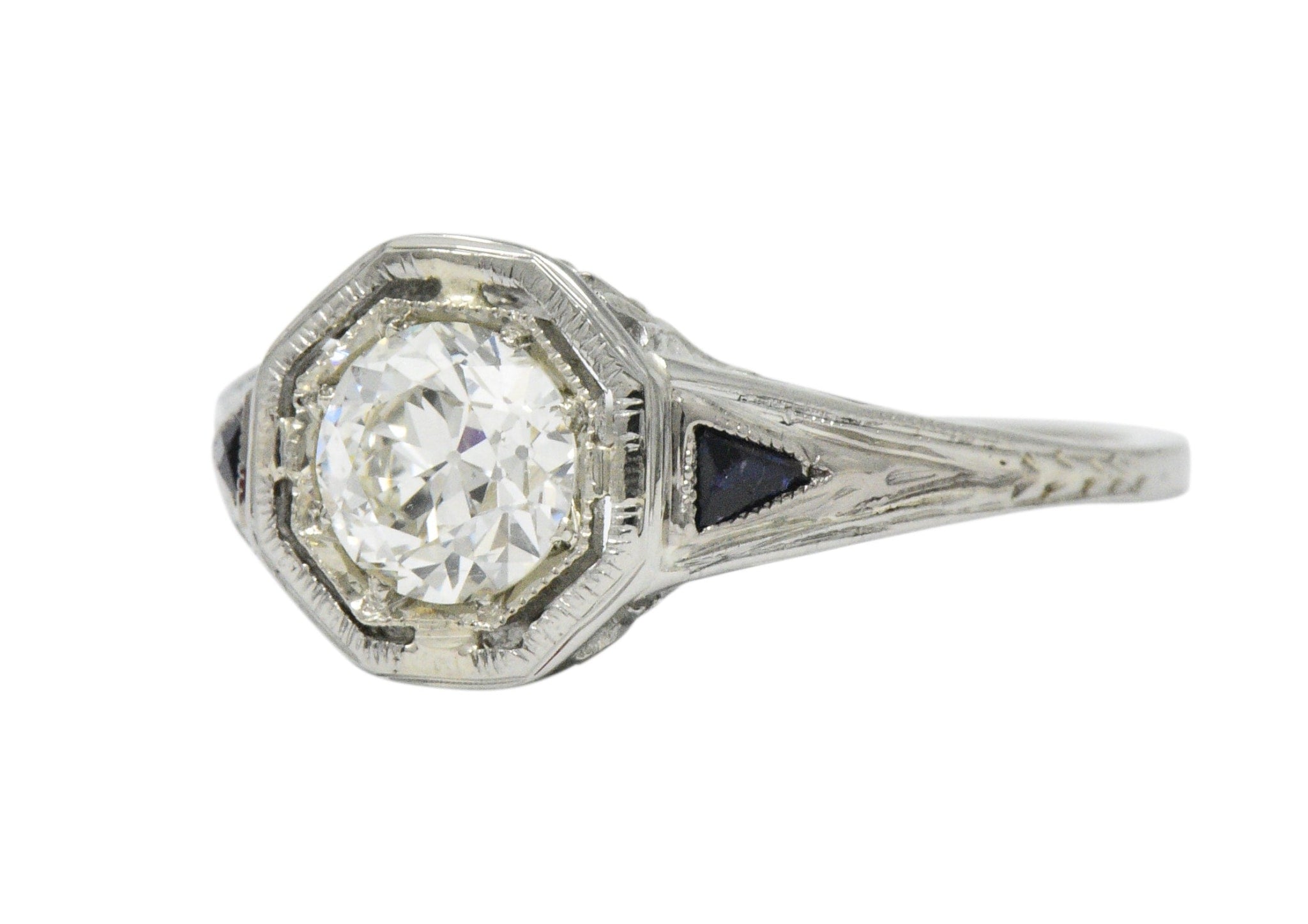 Art Deco 0.69 CTW Diamond Sapphire 18 Karat White Gold Engagement Ring GIA Wilson's Estate Jewelry