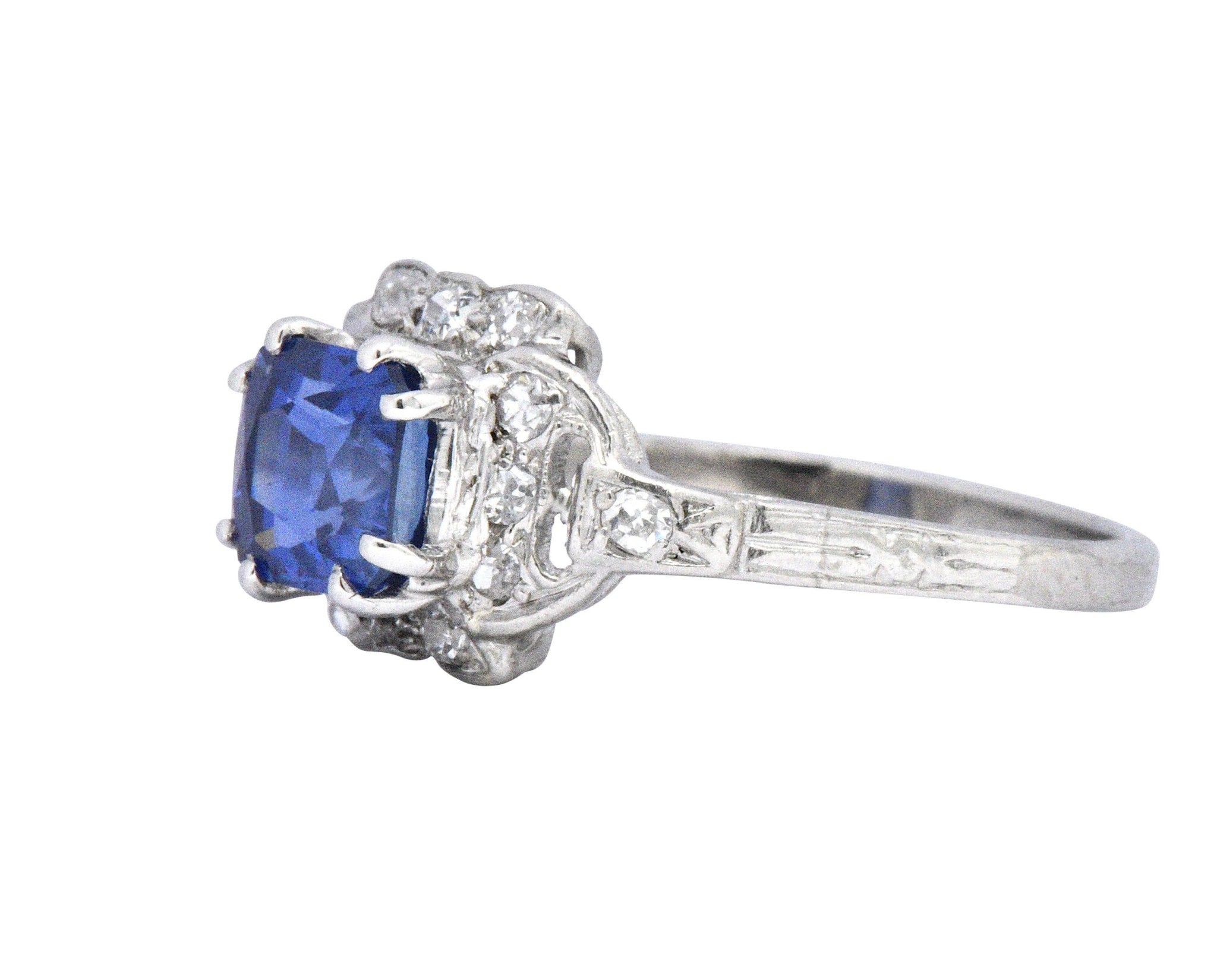 Art Deco 1.67 CTW Unheated Kashmir Sapphire Diamond & Platinum Ring AGL Certified Wilson's Estate Jewelry