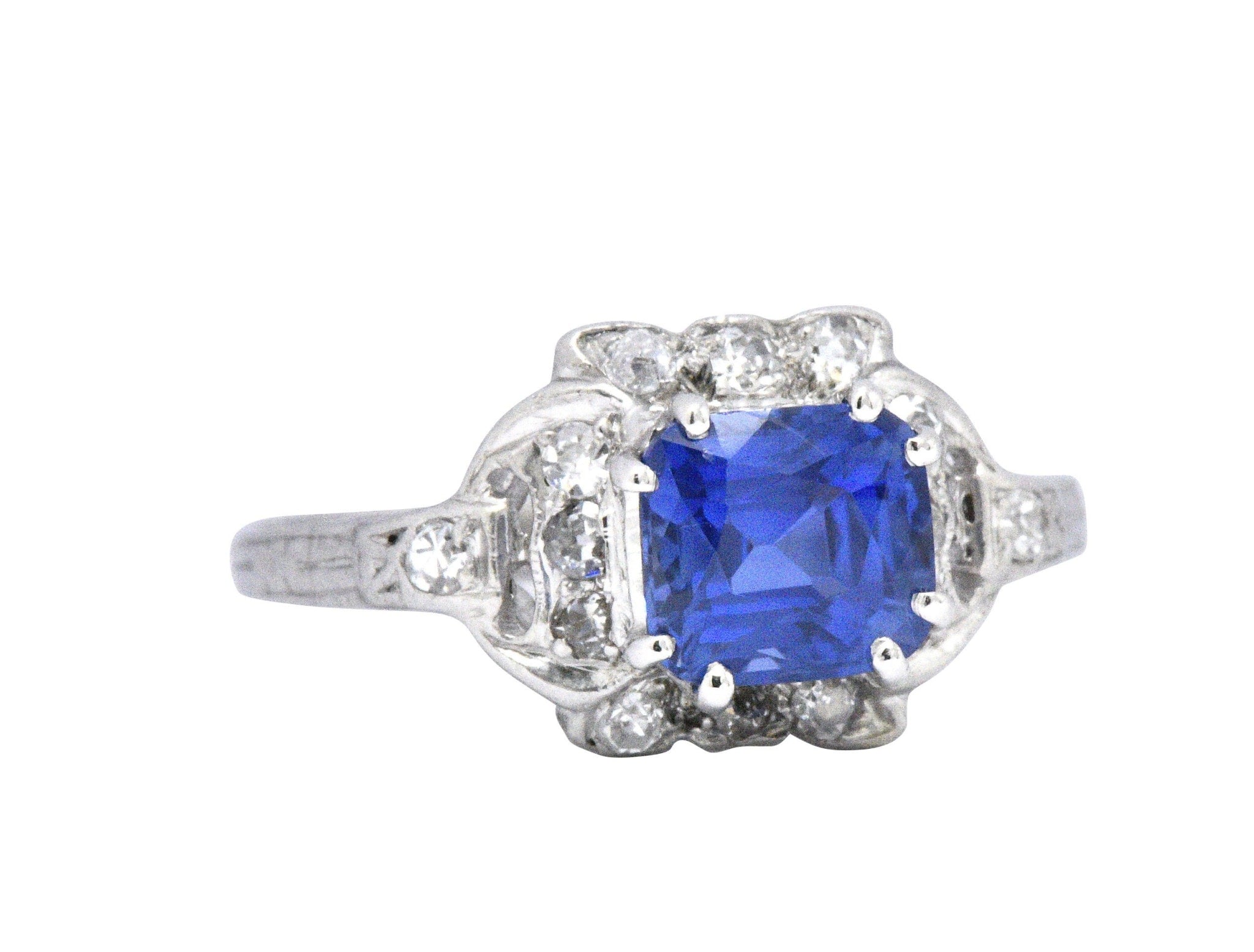 Art Deco 1.67 CTW Unheated Kashmir Sapphire Diamond & Platinum Ring AGL Certified Wilson's Estate Jewelry