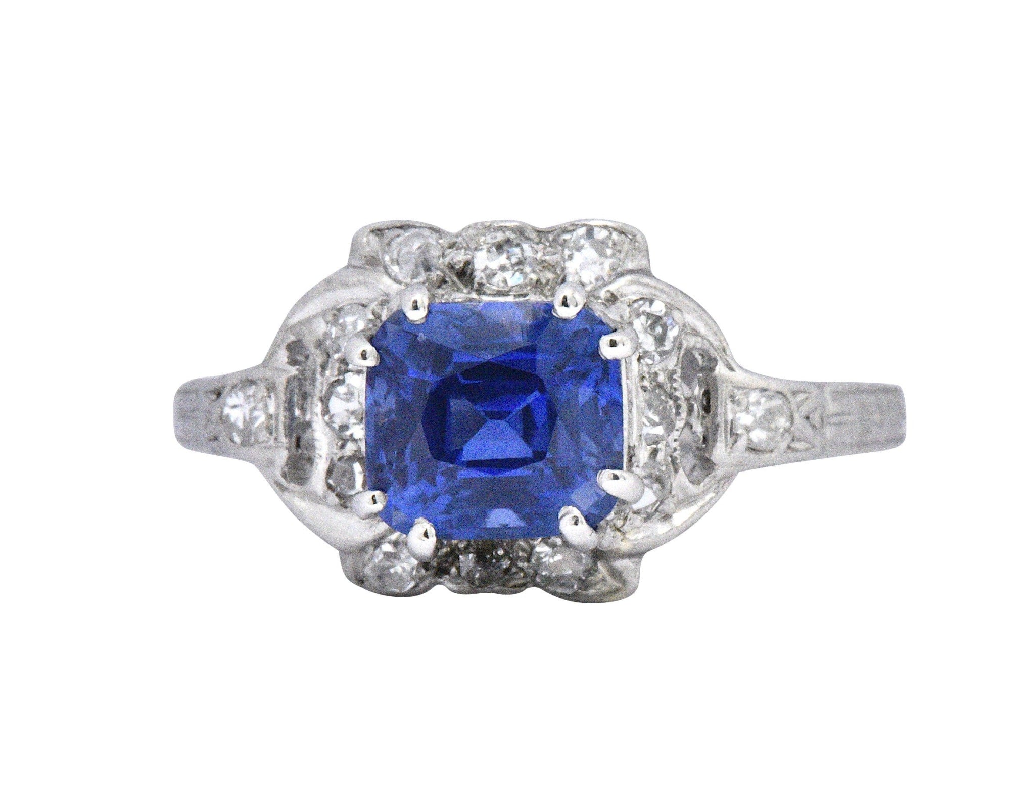 Art Deco 1.67 CTW Unheated Kashmir Sapphire Diamond & Platinum Ring AGL Certified Wilson's Estate Jewelry