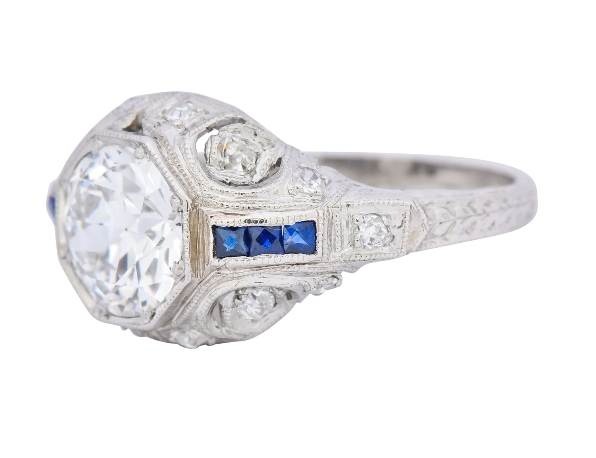 Art Deco 1.83 CTW Diamond Sapphire Platinum Engagement Ring GIA - Wilson's Estate Jewelry