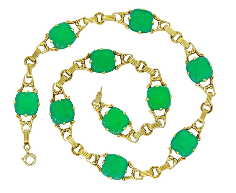 Art Deco 1930's Carved Green Onyx Intaglio 14 Karat Gold Floral Link Necklace - Wilson's Estate Jewelry