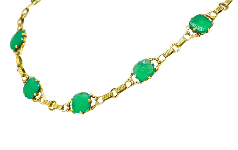 Art Deco 1930's Carved Green Onyx Intaglio 14 Karat Gold Floral Link Necklace - Wilson's Estate Jewelry